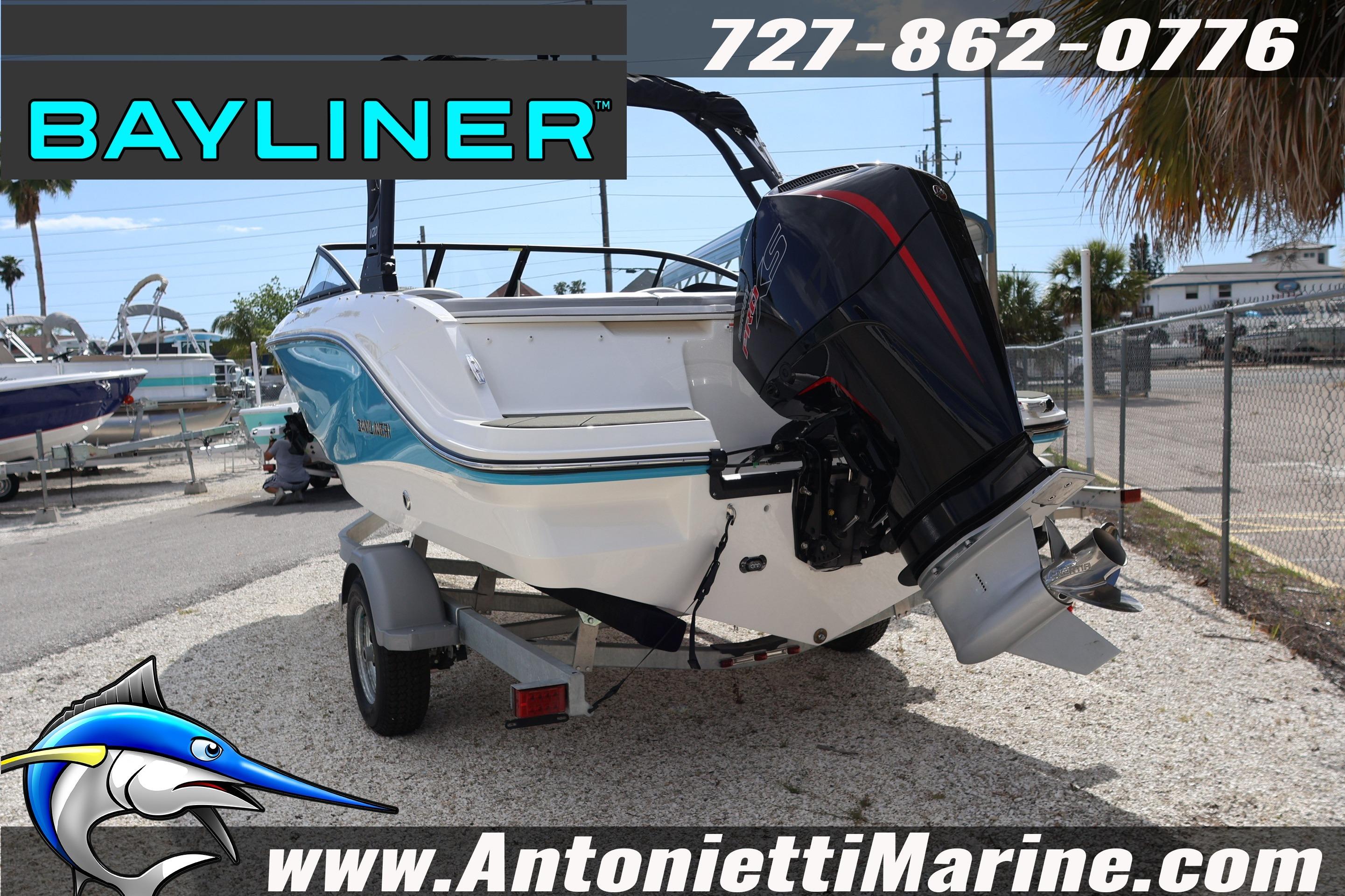2026 Bayliner V20 boat on trailer at Antonietti Marine dealership.