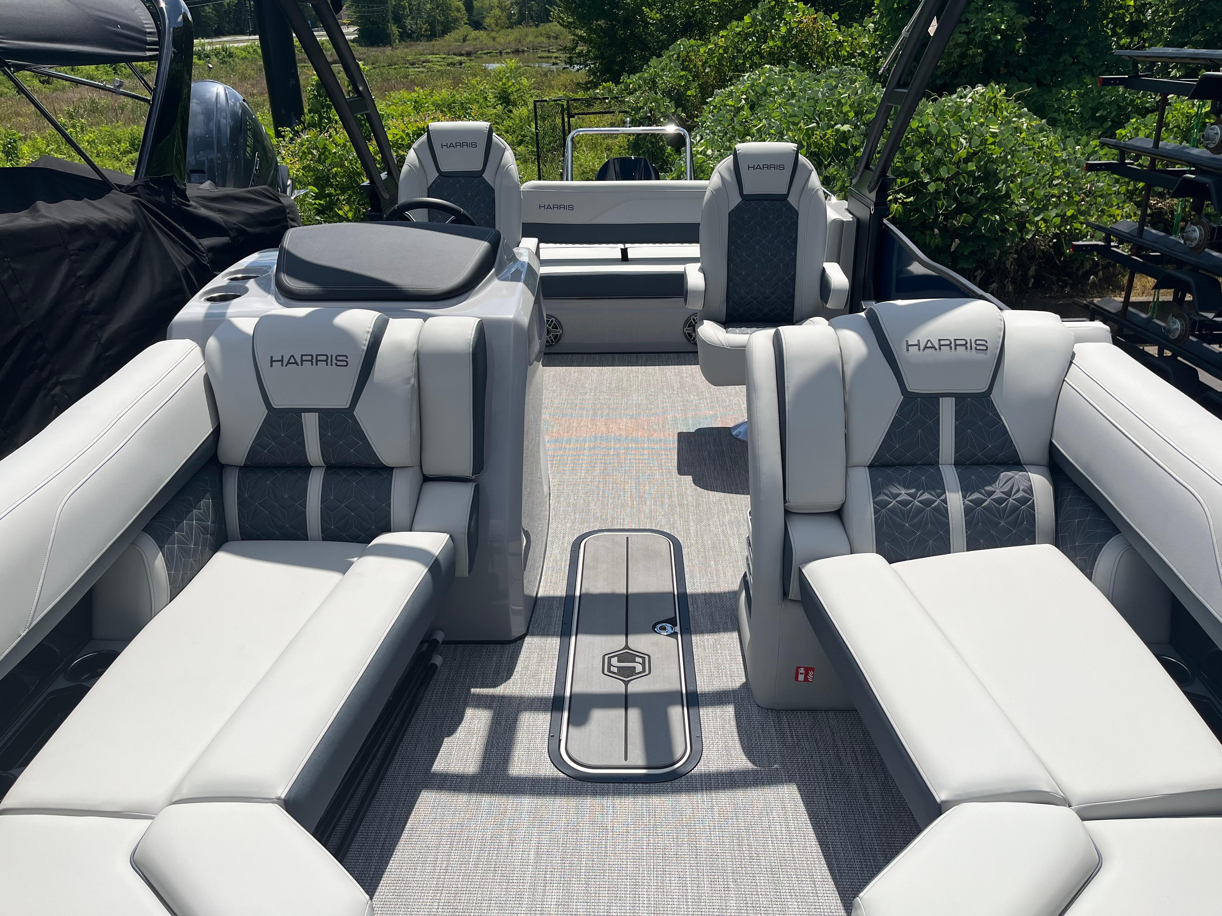2026 Harris Grand Mariner 230 pontoon boat interior with luxurious seating and modern design.