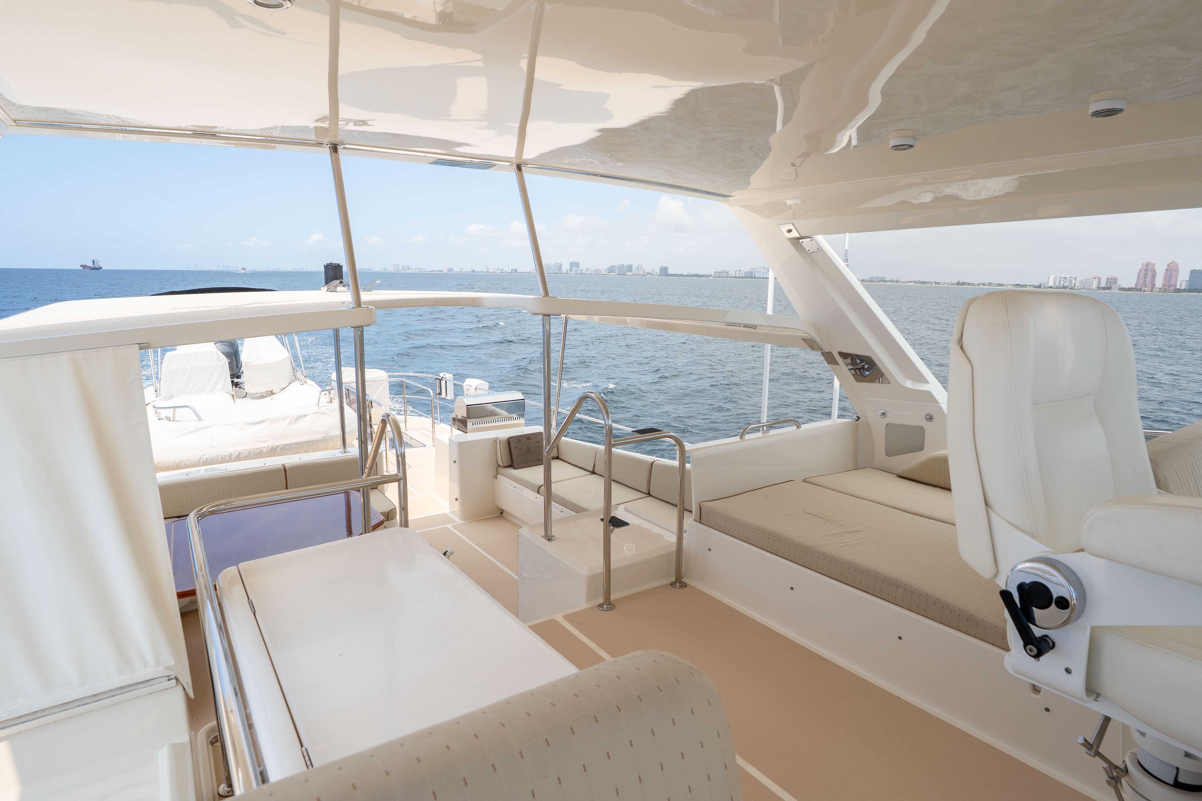 Luxurious 2006 Fleming 75 yacht interior with ocean view and comfortable seating.