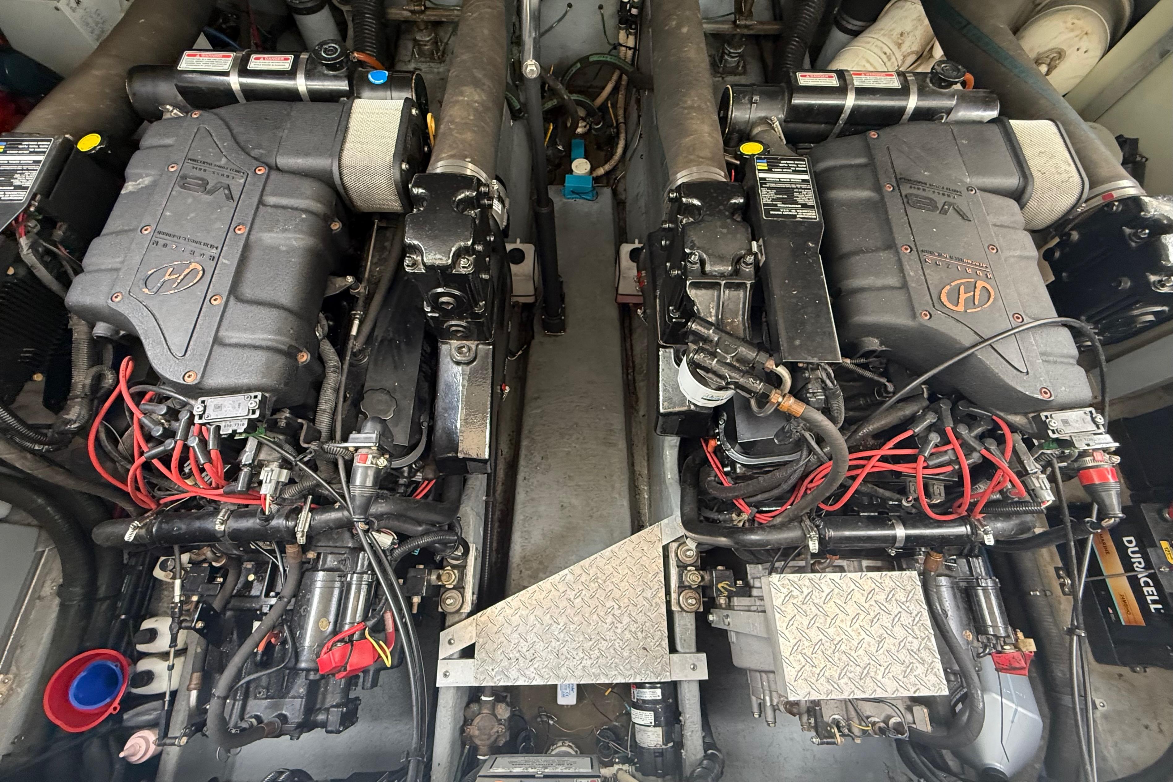 Engine room of a 1998 Sea Ray Sundancer 400 with dual V8 engines.