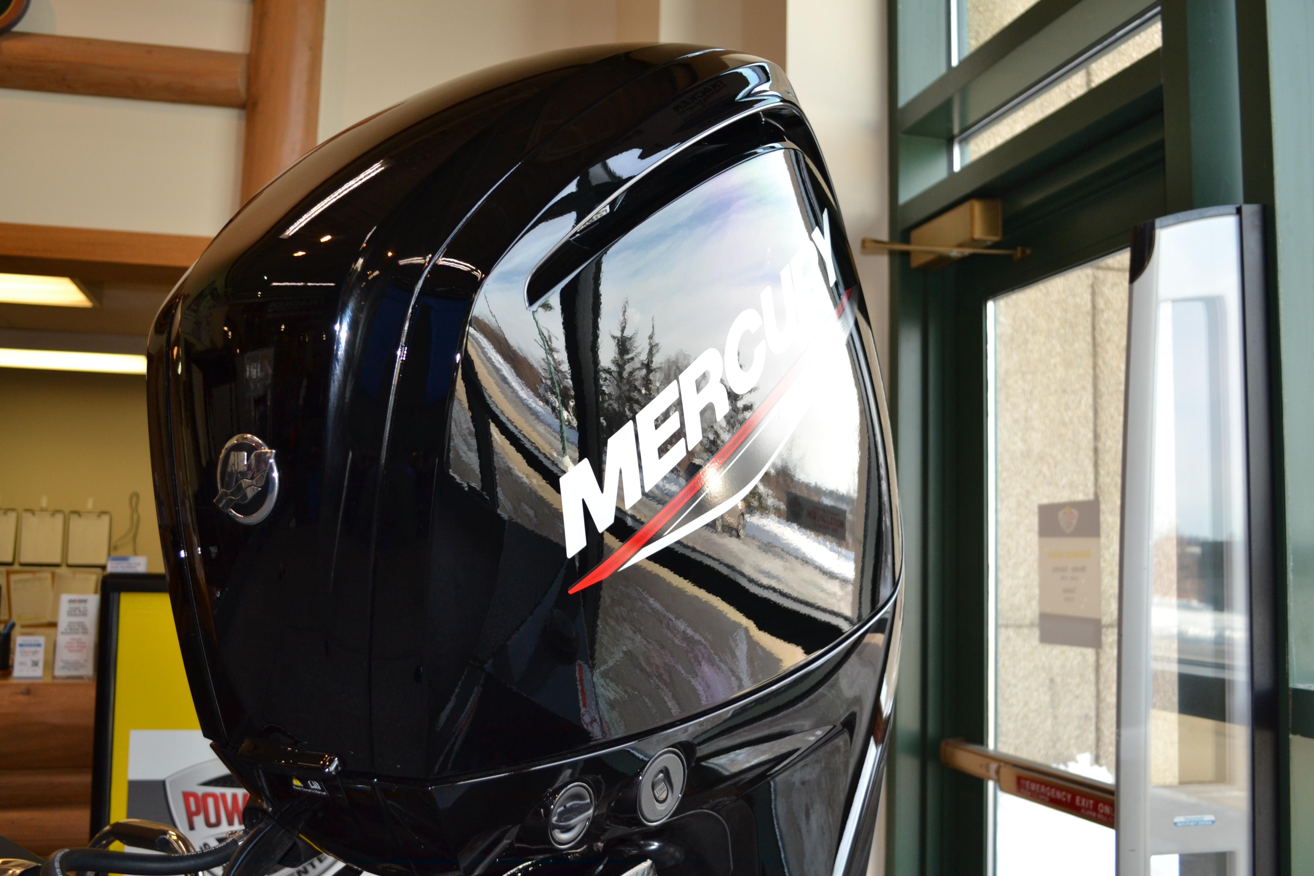 Mercury outboard motor on 2026 Ranger RT178C boat, indoor display.