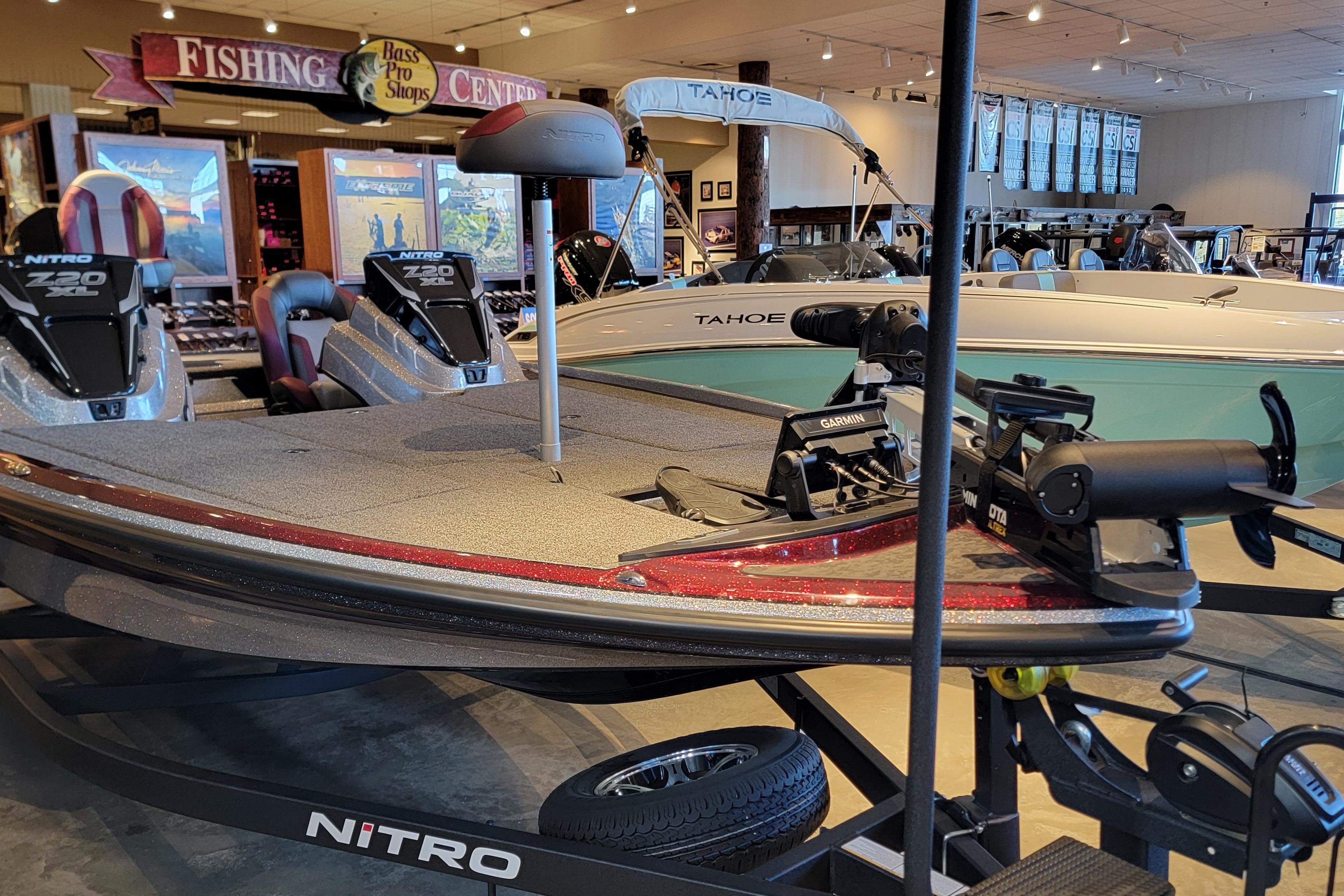 2025 Nitro Z20 XL Pro boat displayed at Bass Pro Shops Fishing Center.