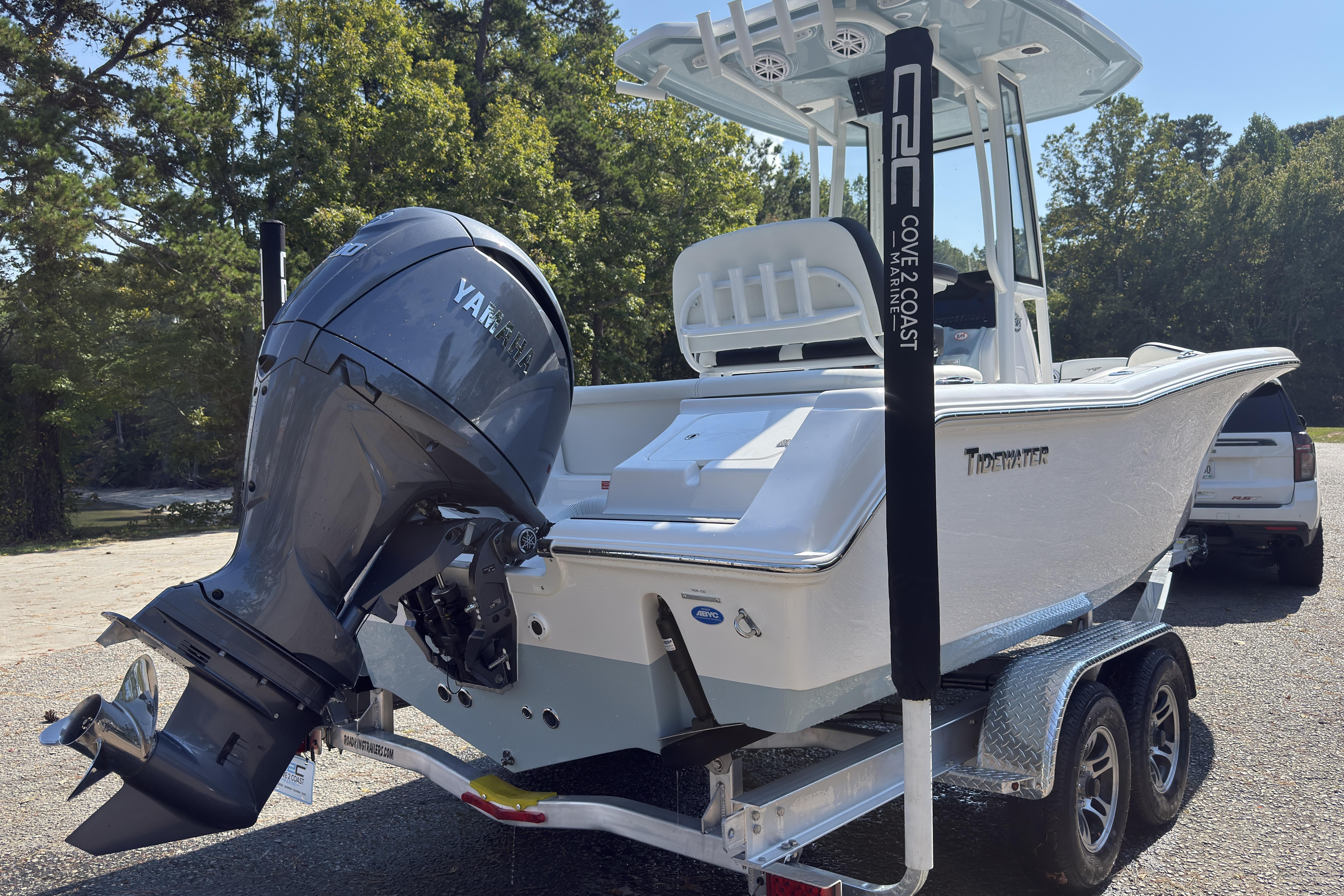 2026 Tidewater 220 LXF boat on trailer with Yamaha outboard motor.