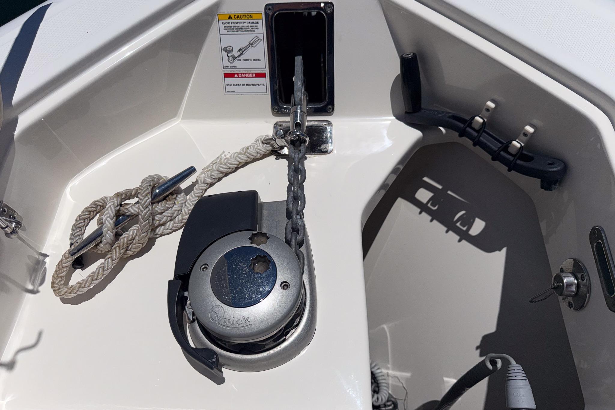 Anchor system on a 2021 Boston Whaler 330 Outrage boat deck.