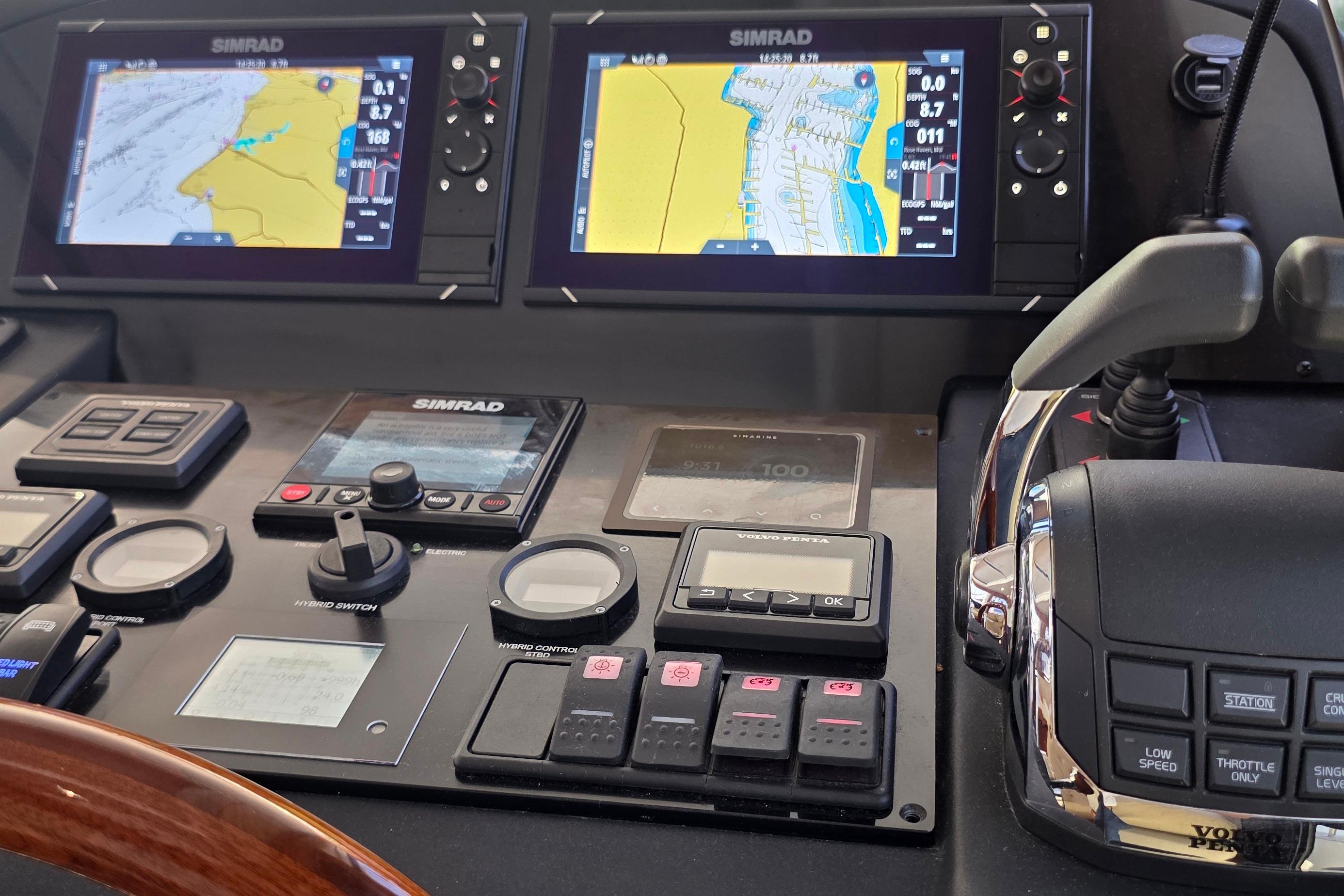 Control panel of a 2023 Greenline 40 yacht with dual Simrad navigation displays.