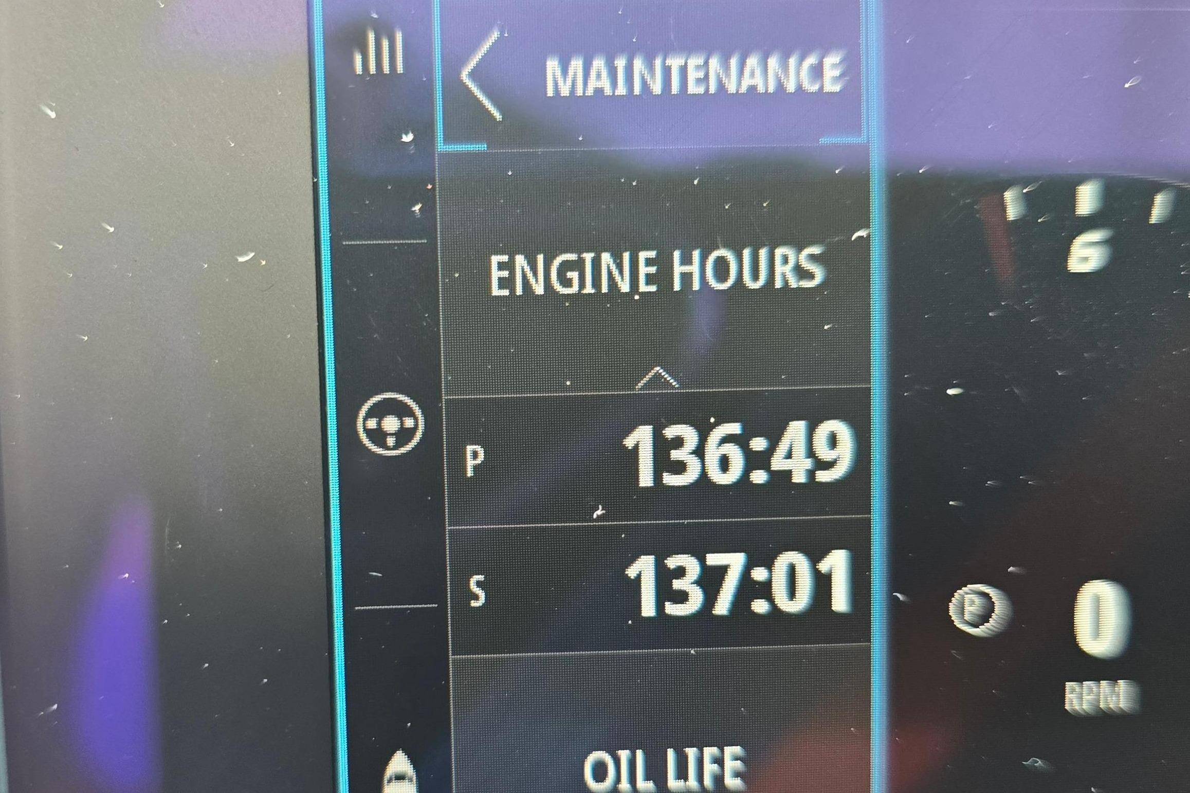 Dashboard display of a 2025 Formula 380 Super Sport Crossover OB showing engine hours and maintenance.