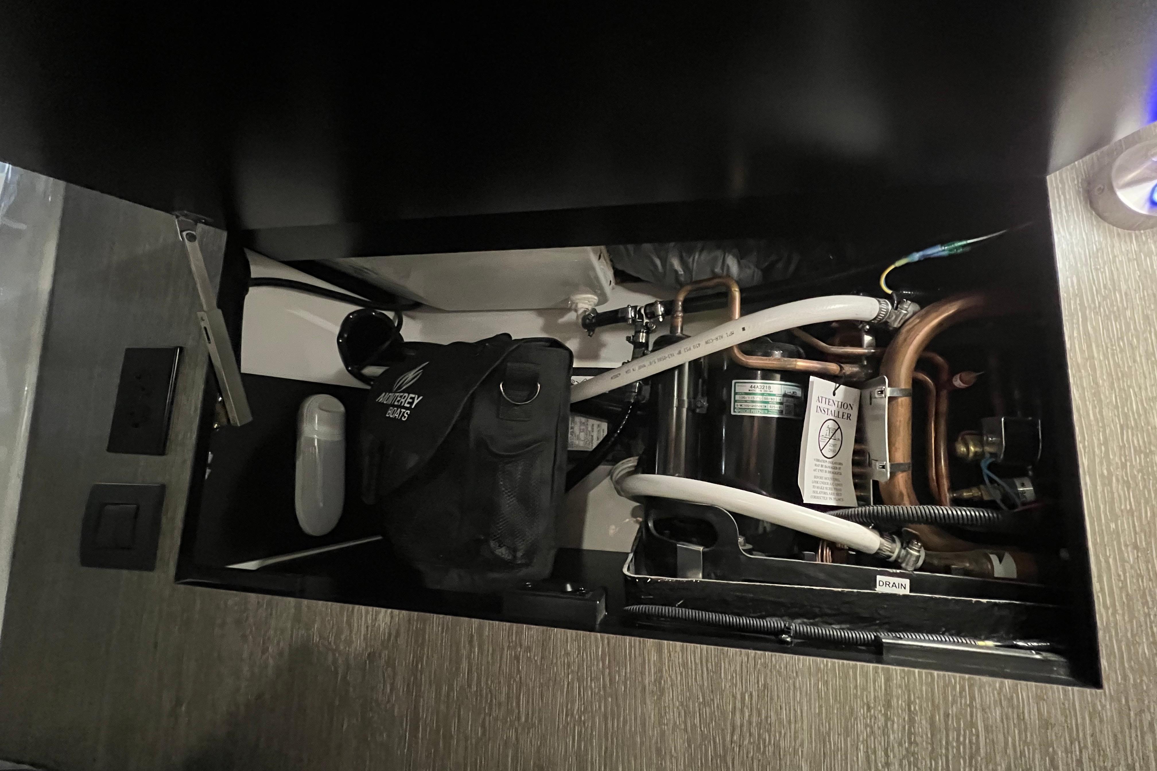 2023 Monterey 378SS Super Sport engine compartment with wiring and components.
