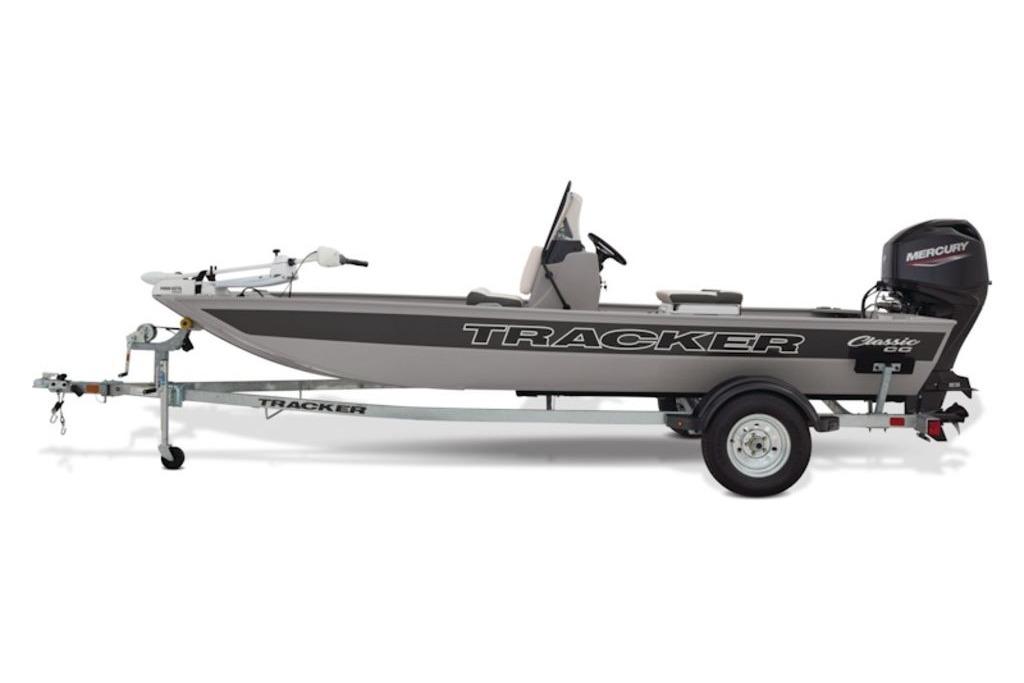 2026 Tracker Bass Tracker Classic CC boat on trailer, side view.
