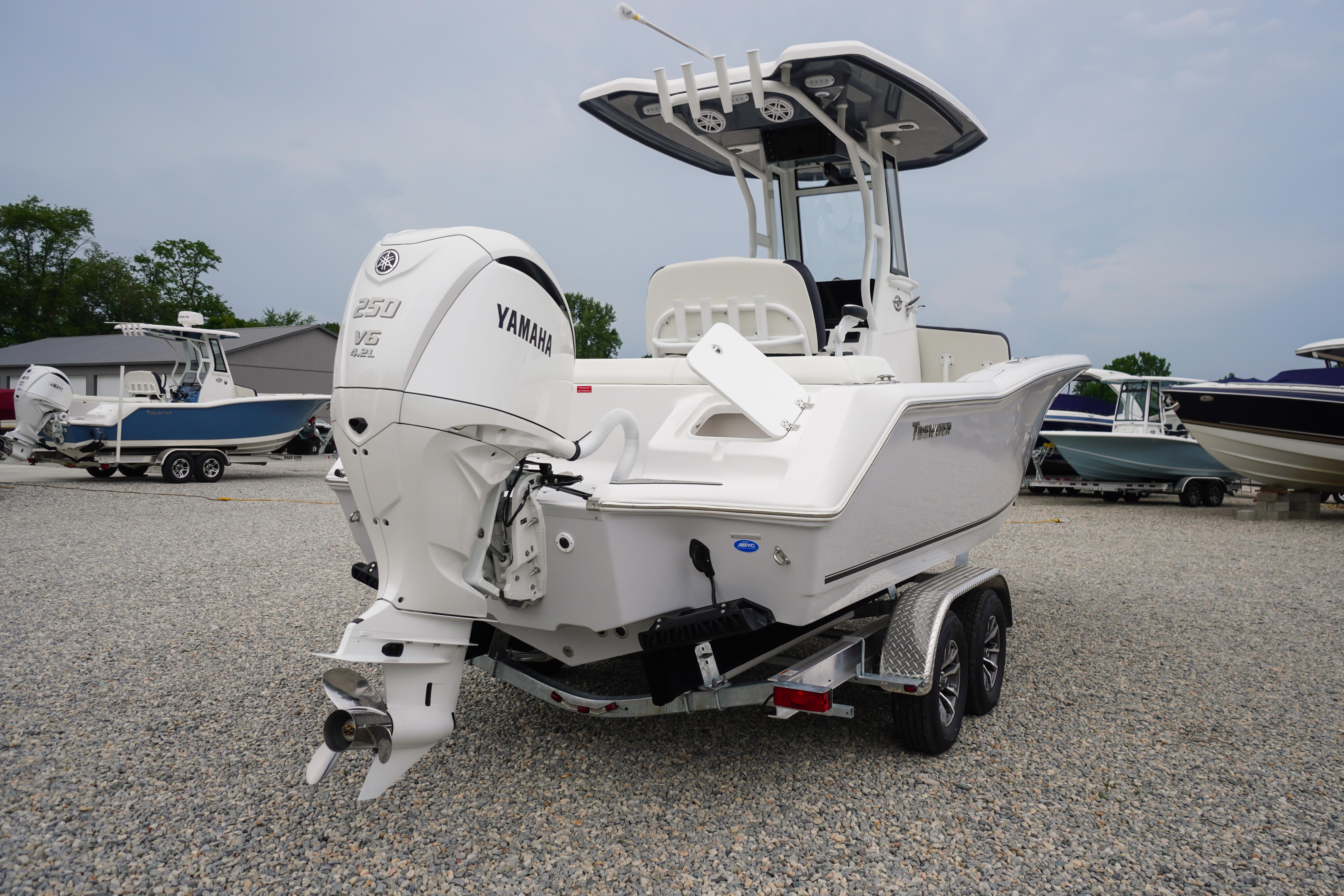 2026 Tidewater 232 SS boat with Yamaha 250 V6 engine on a trailer.
