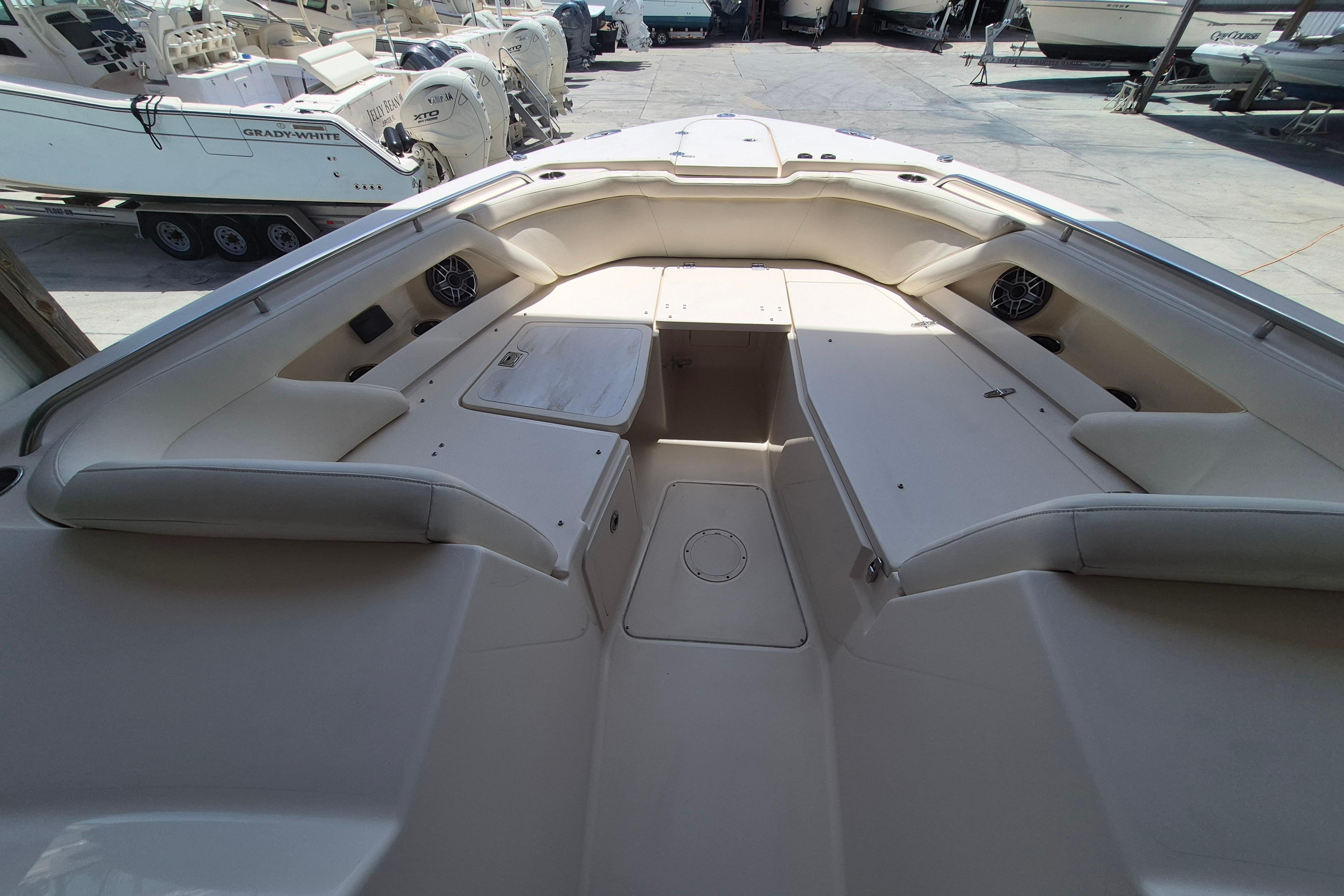 2019 Grady-White Freedom 335 boat interior with spacious seating and storage compartments.