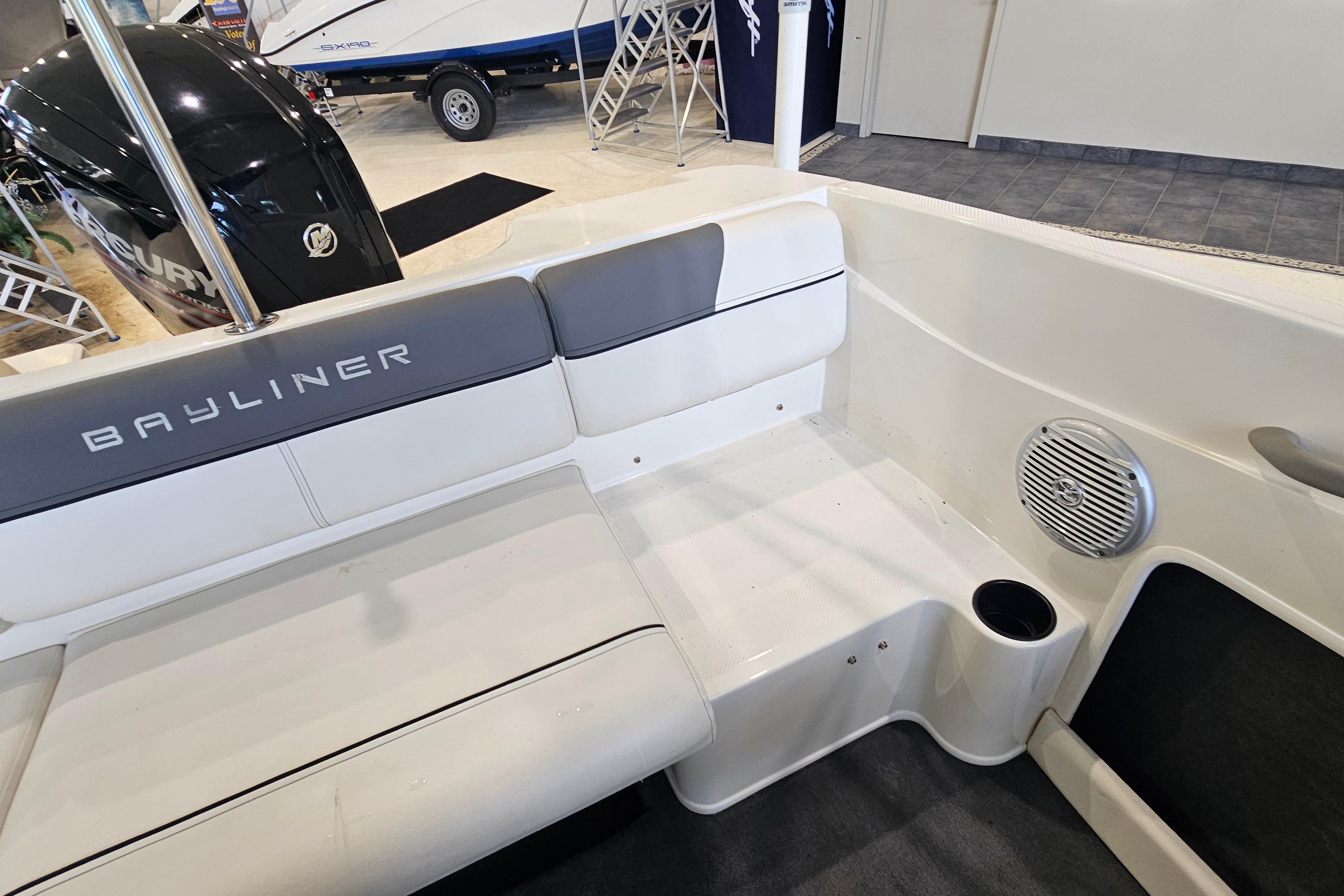 2019 Bayliner 170 Bowrider interior with seating, speaker, and cup holder.