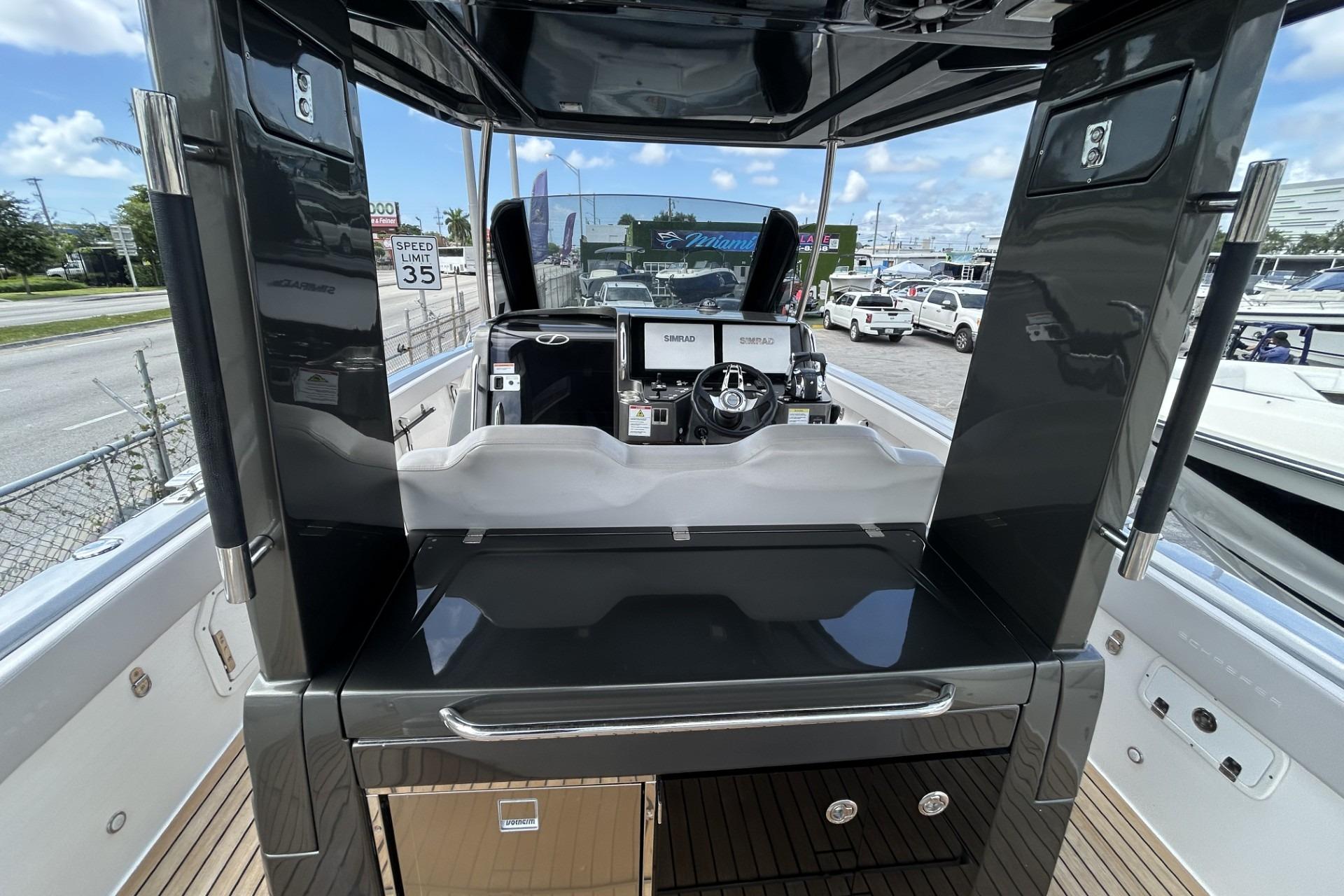 2023 Schaefer V33 boat interior with modern helm and sleek design.