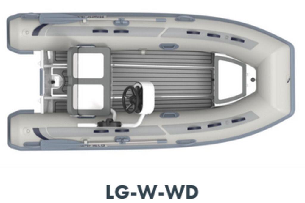 2025 Highfield CL360 inflatable boat, top view, featuring steering console and seating.