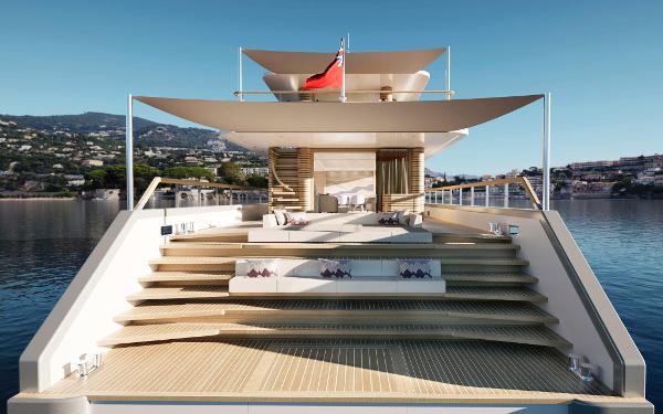 Luxury yacht PROJECT ABACOS 2025, custom design, spacious deck, modern amenities, scenic coastal view.