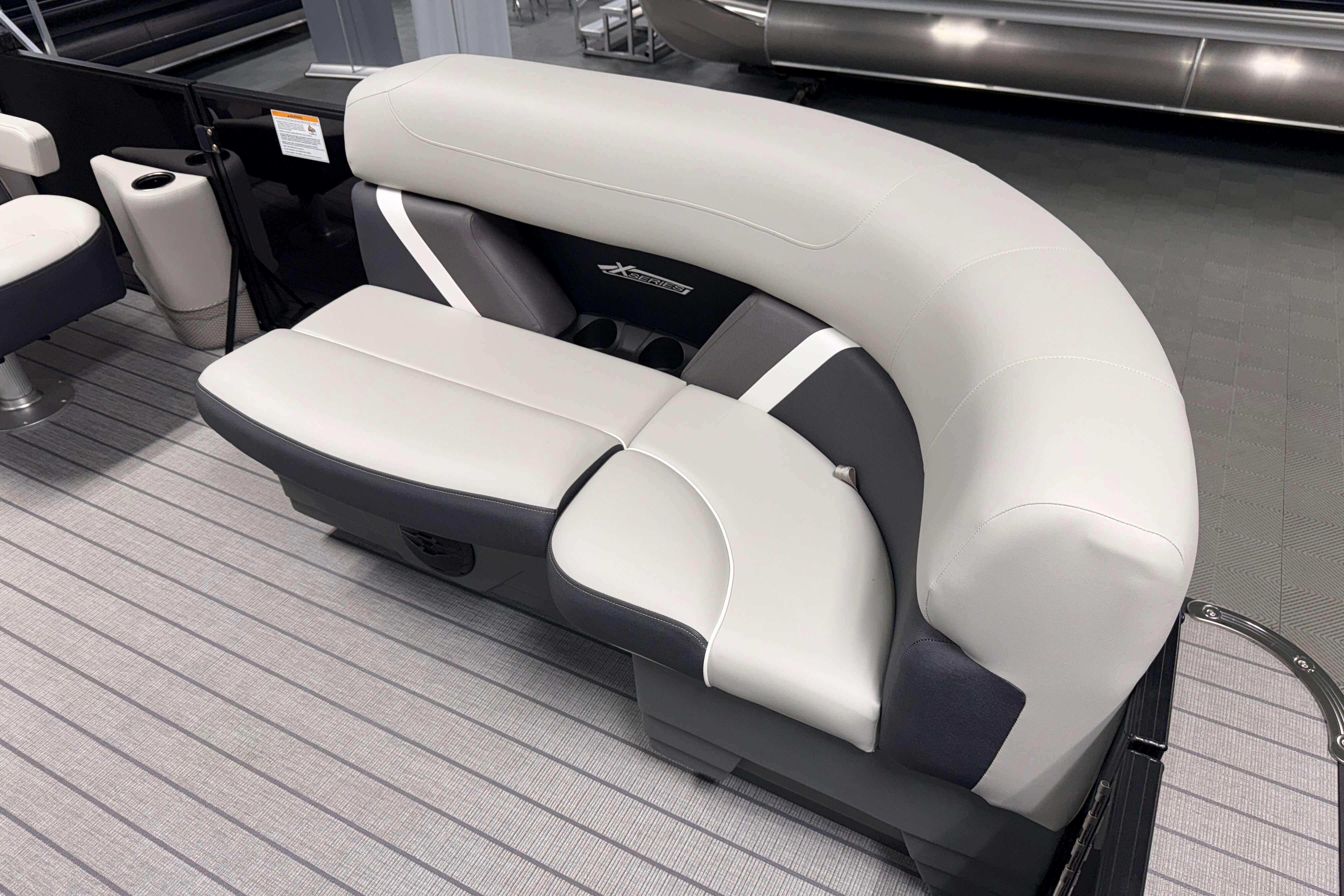 2026 Sylvan Mirage X1 boat seating with modern, sleek design and comfortable upholstery.