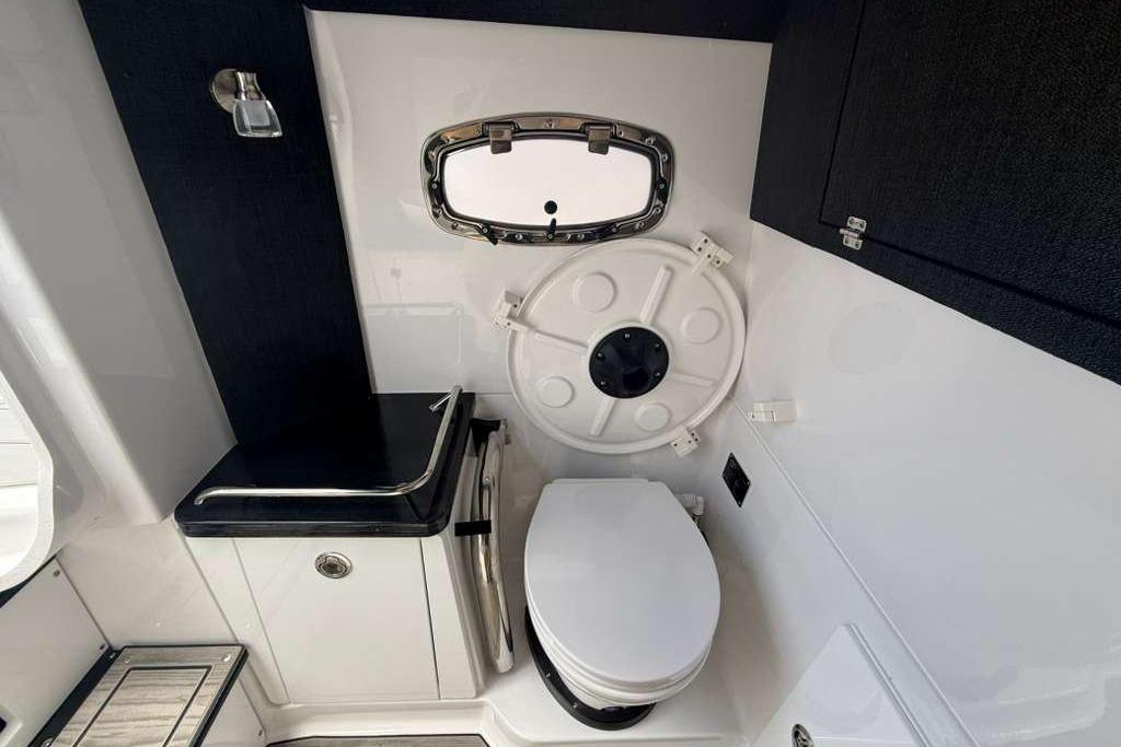 Modern bathroom interior of 2026 Monterey Elite 30 OB boat, featuring sleek design and compact amenities.