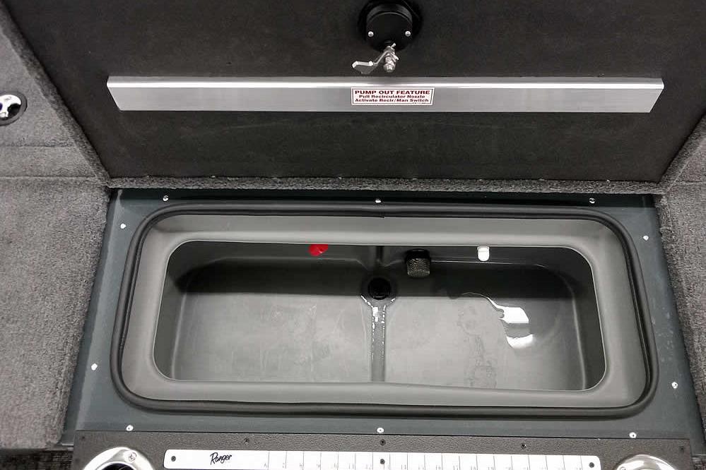 Livewell compartment in 2026 Ranger VX1888 WT boat, featuring pump-out system.