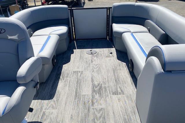Interior of a 2026 Bentley Pontoons Bolt with gray upholstered seating.