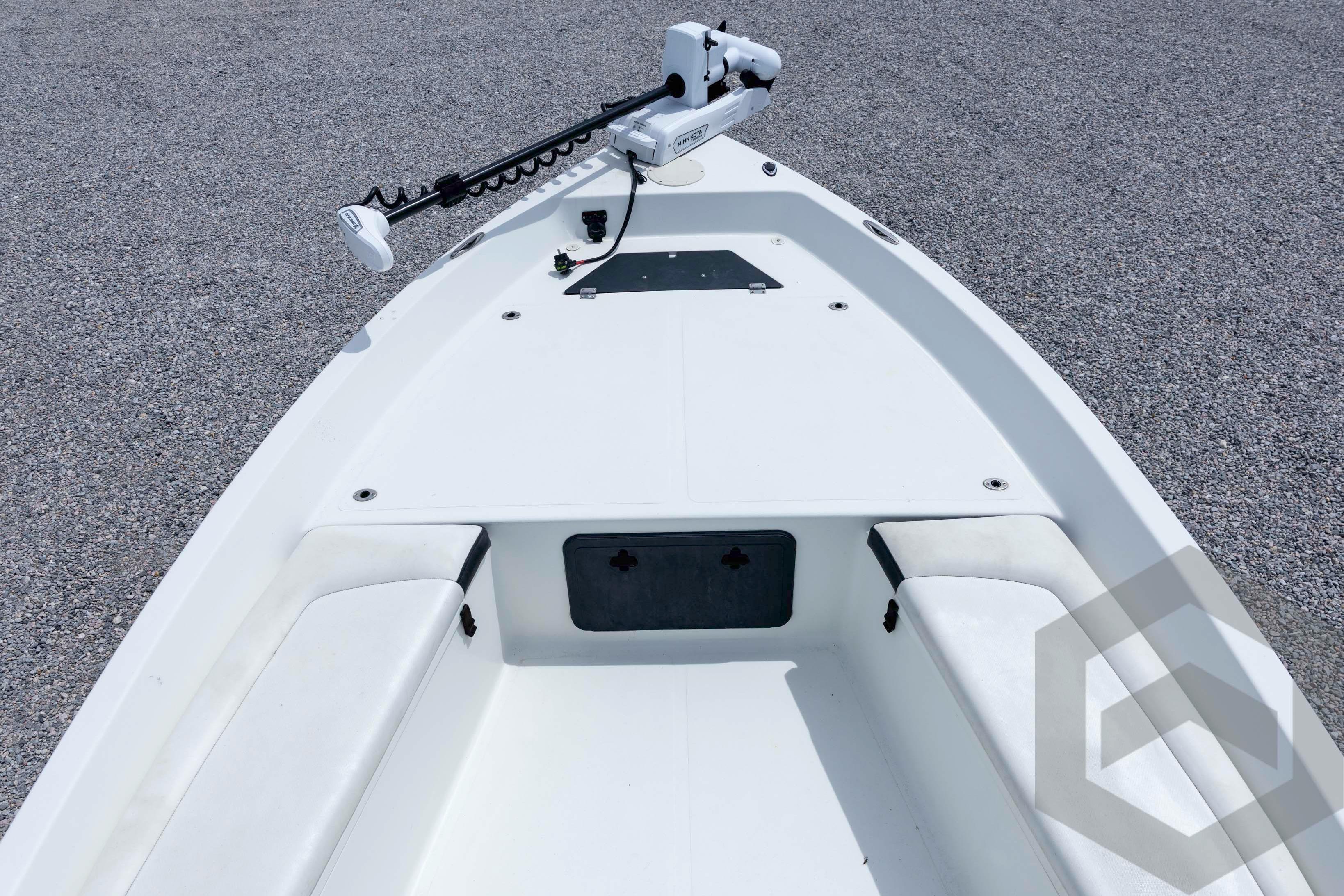 2018 Bay Rider 238 Bay boat deck with trolling motor and seating.