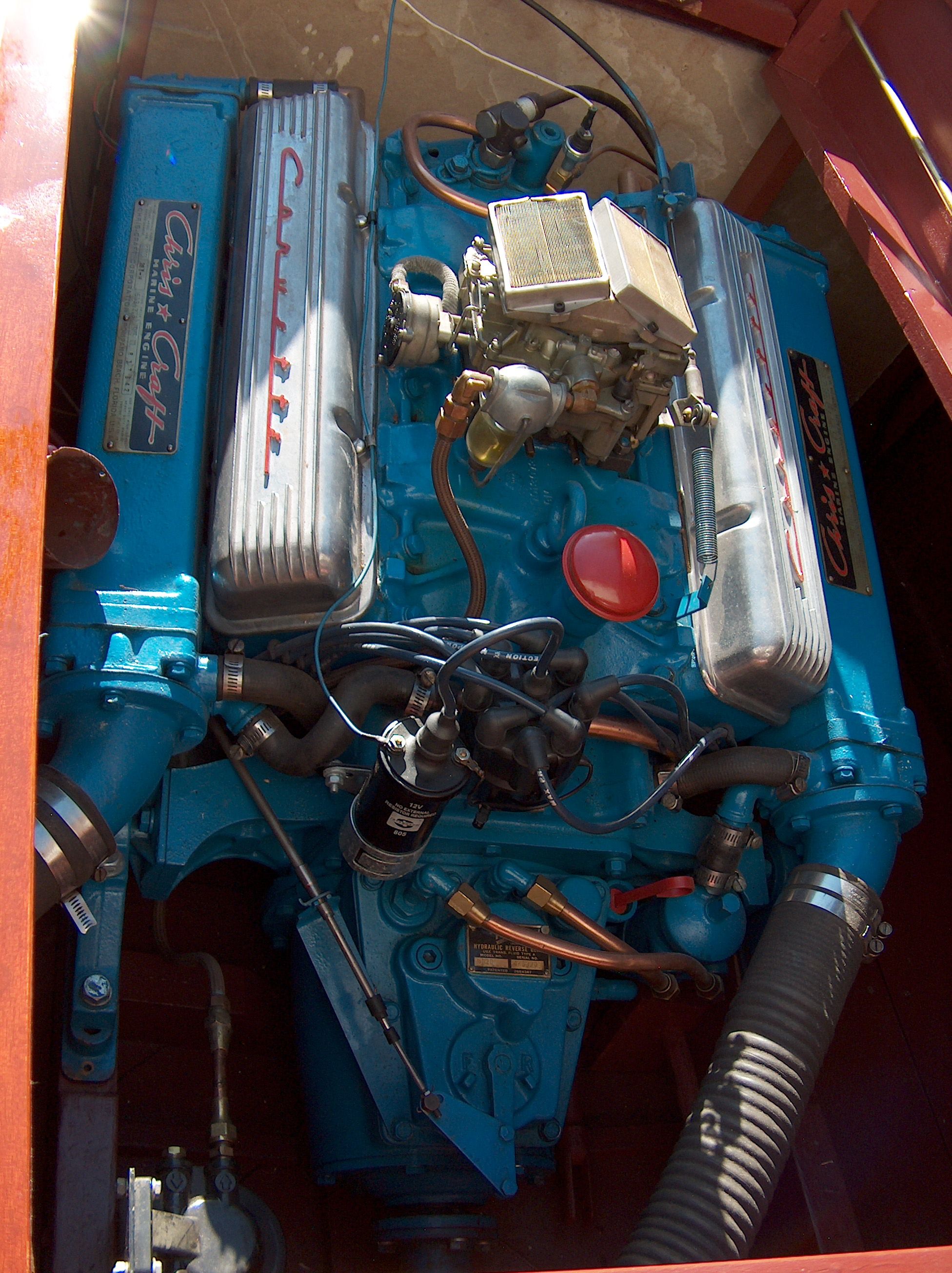 1950 Chris-Craft Riviera engine in vibrant blue.