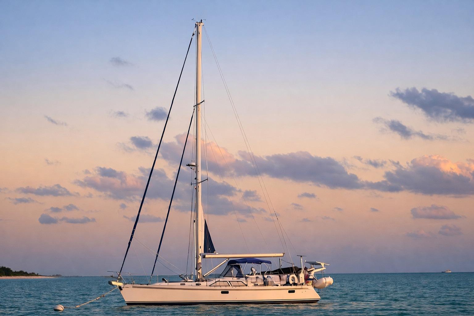Sailboat Hylas 46, 2009 model, anchored at sunset on calm ocean waters.