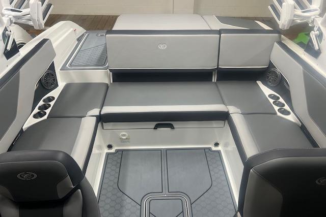 2025 Cobalt CS23 Surf boat interior with sleek seating and modern design.