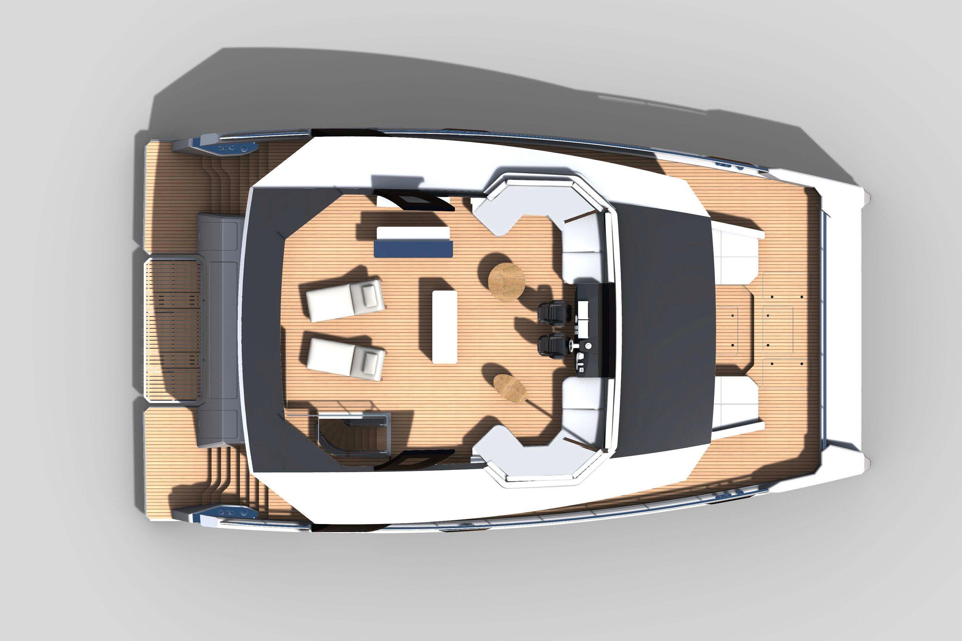 Top view of 2026 Arkin Pruva Electric Solar Catamaran with completed hull design.