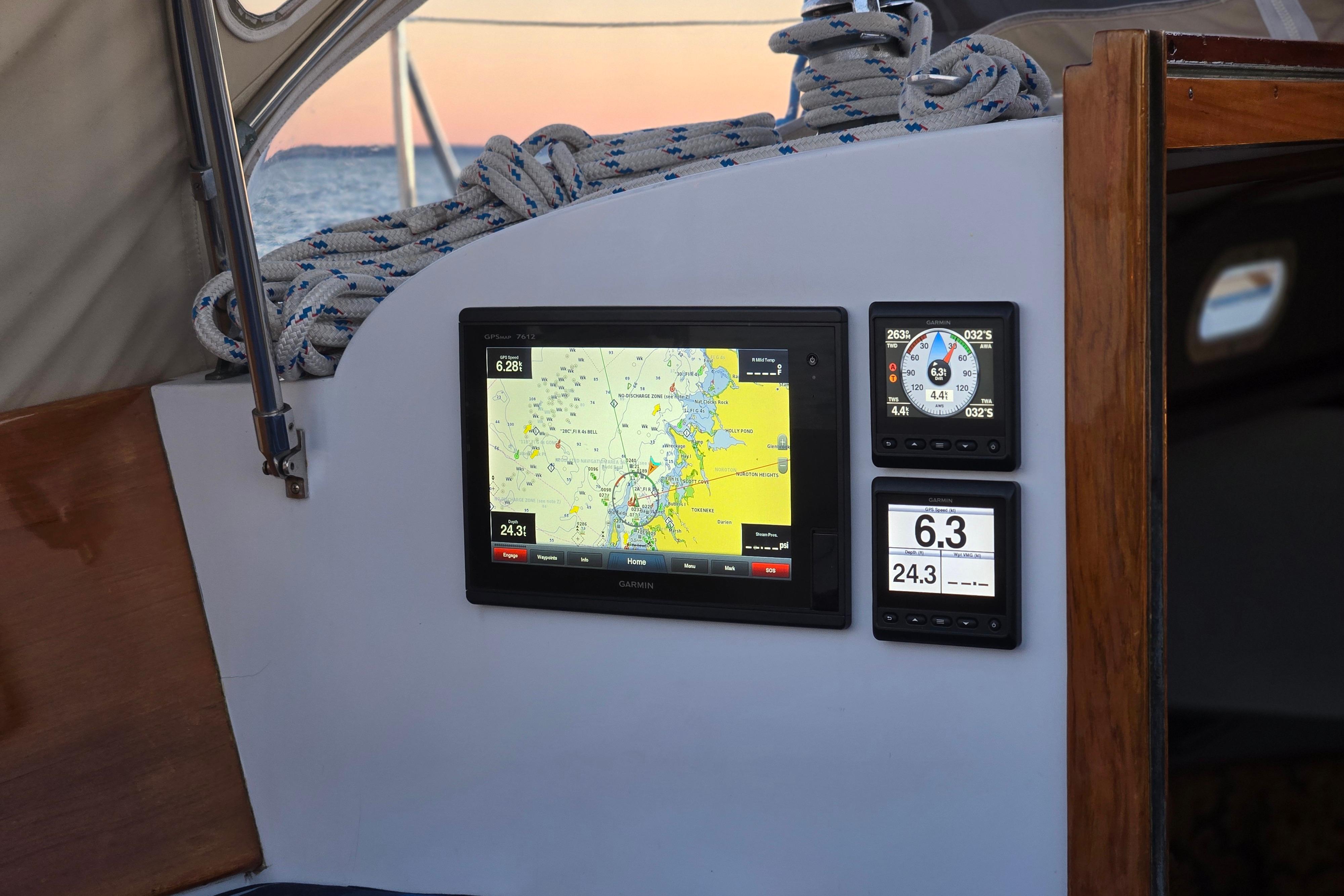 Navigation instruments on a 1970 Hinckley Bermuda 40 sailboat, featuring GPS and speed displays.