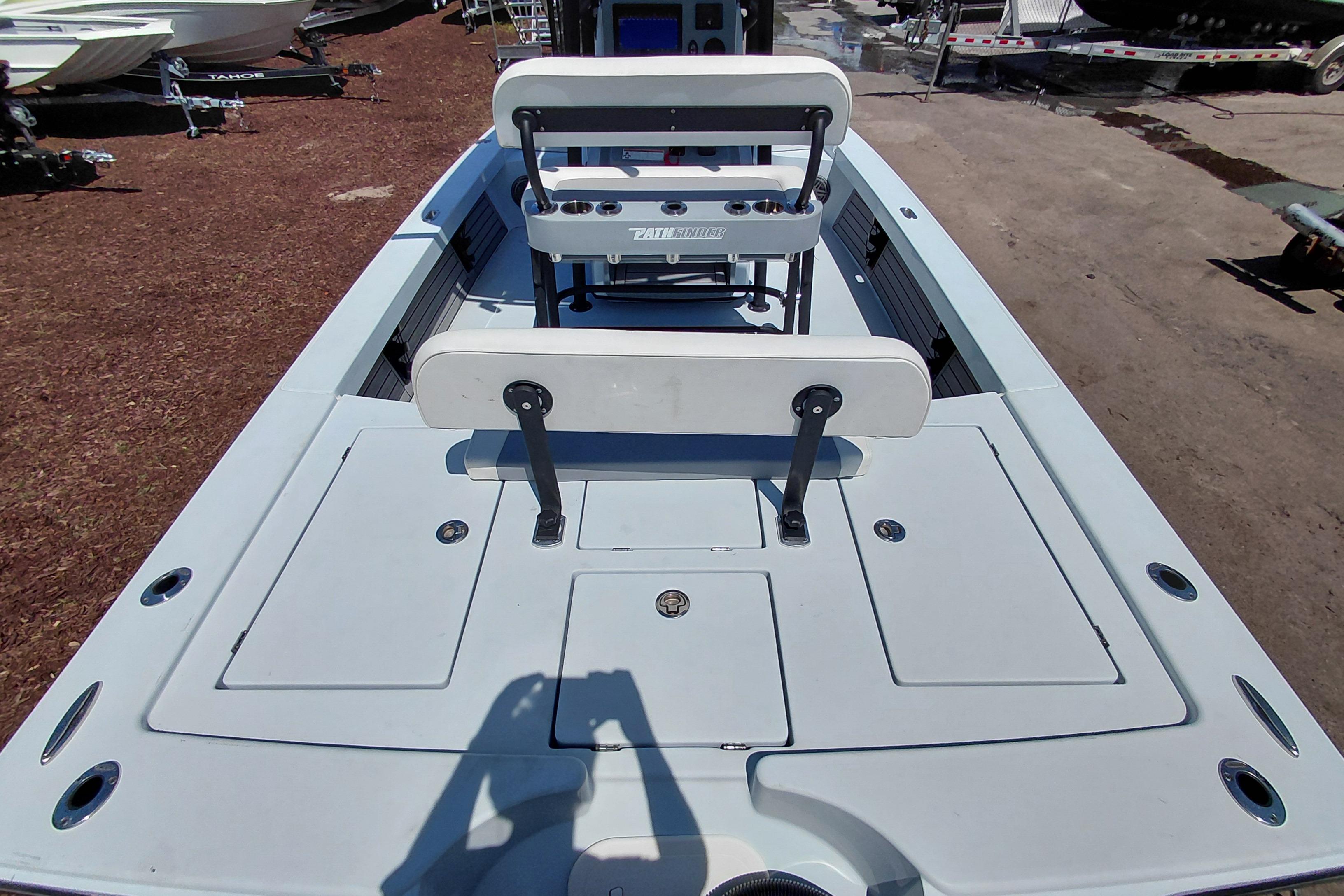 2022 Pathfinder 2300 HPS boat interior with seating and storage compartments.