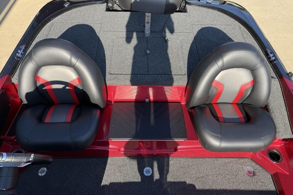 Interior of 2026 Nitro Z17 boat with black and red seating.