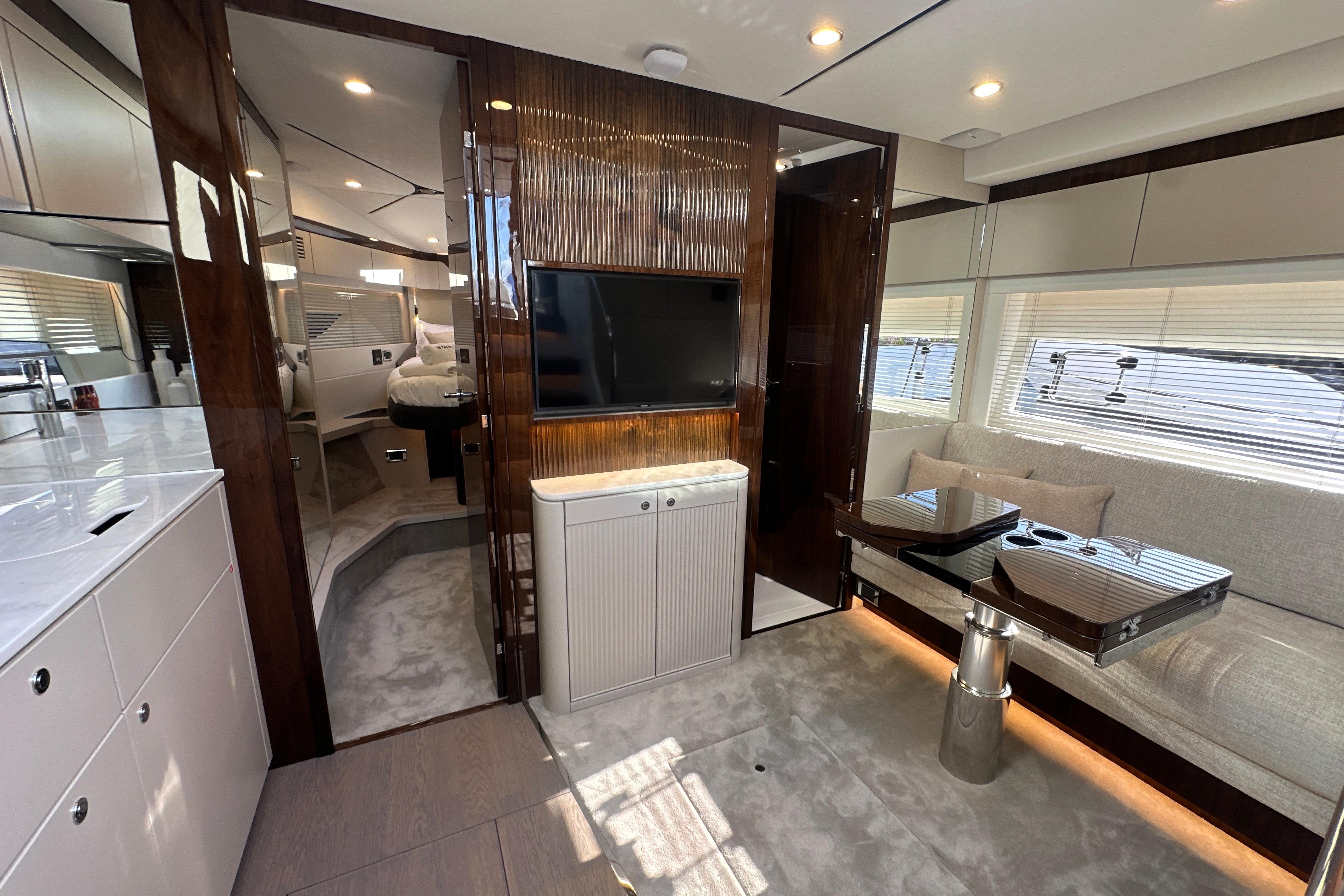 Luxurious interior of 2026 Fairline Targa 47 GT yacht with modern furnishings and sleek design.