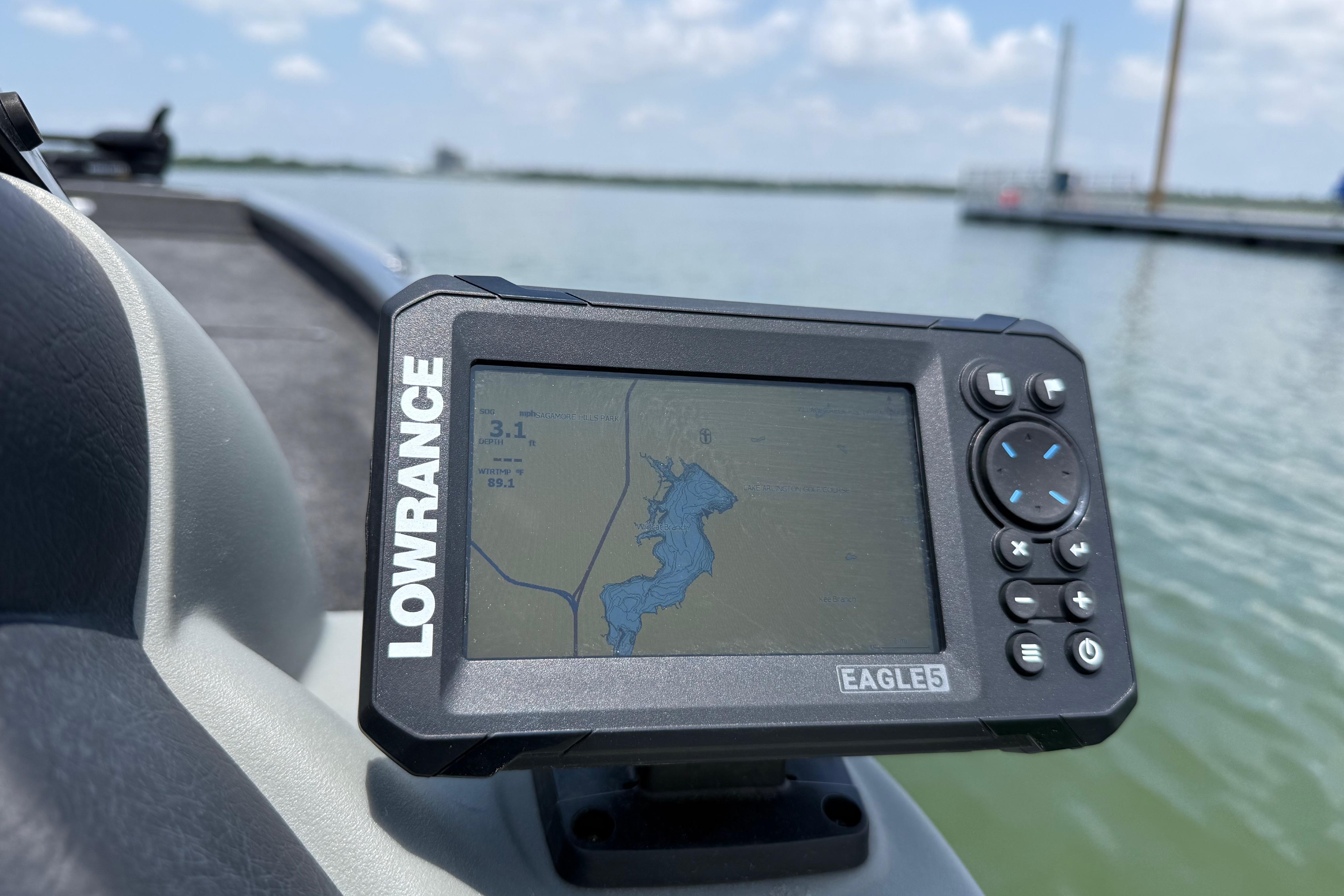 Lowrance fish finder on 2015 Tracker Pro Team 190 TX boat, displaying lake map.