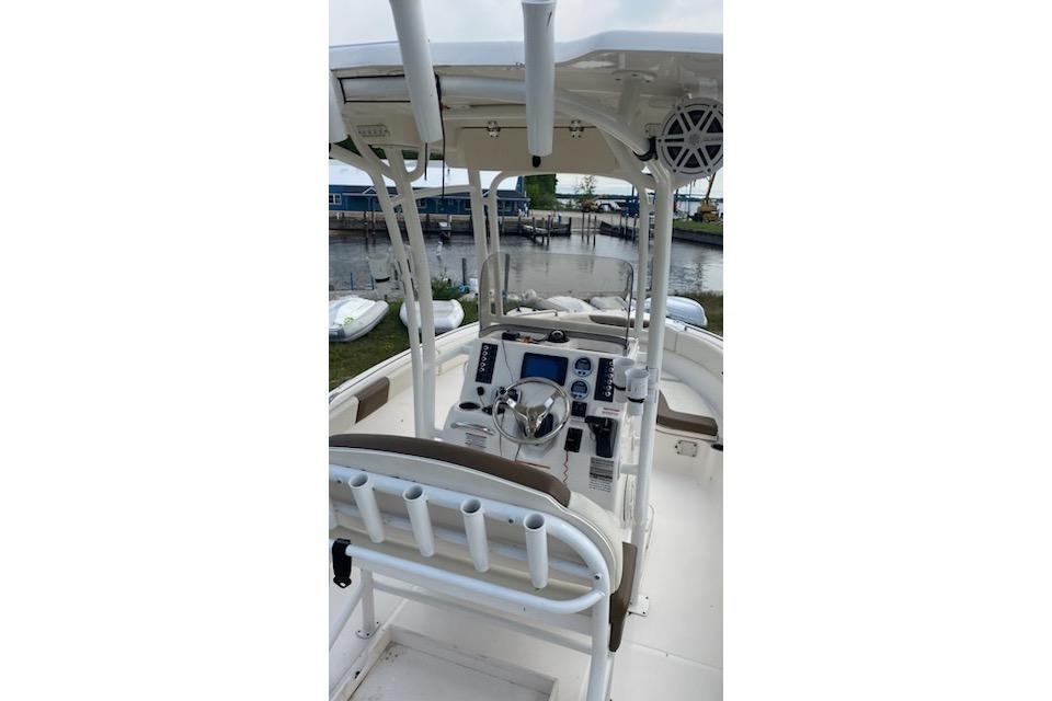 2017 Robalo R222 Center Console boat interior with steering wheel and controls.