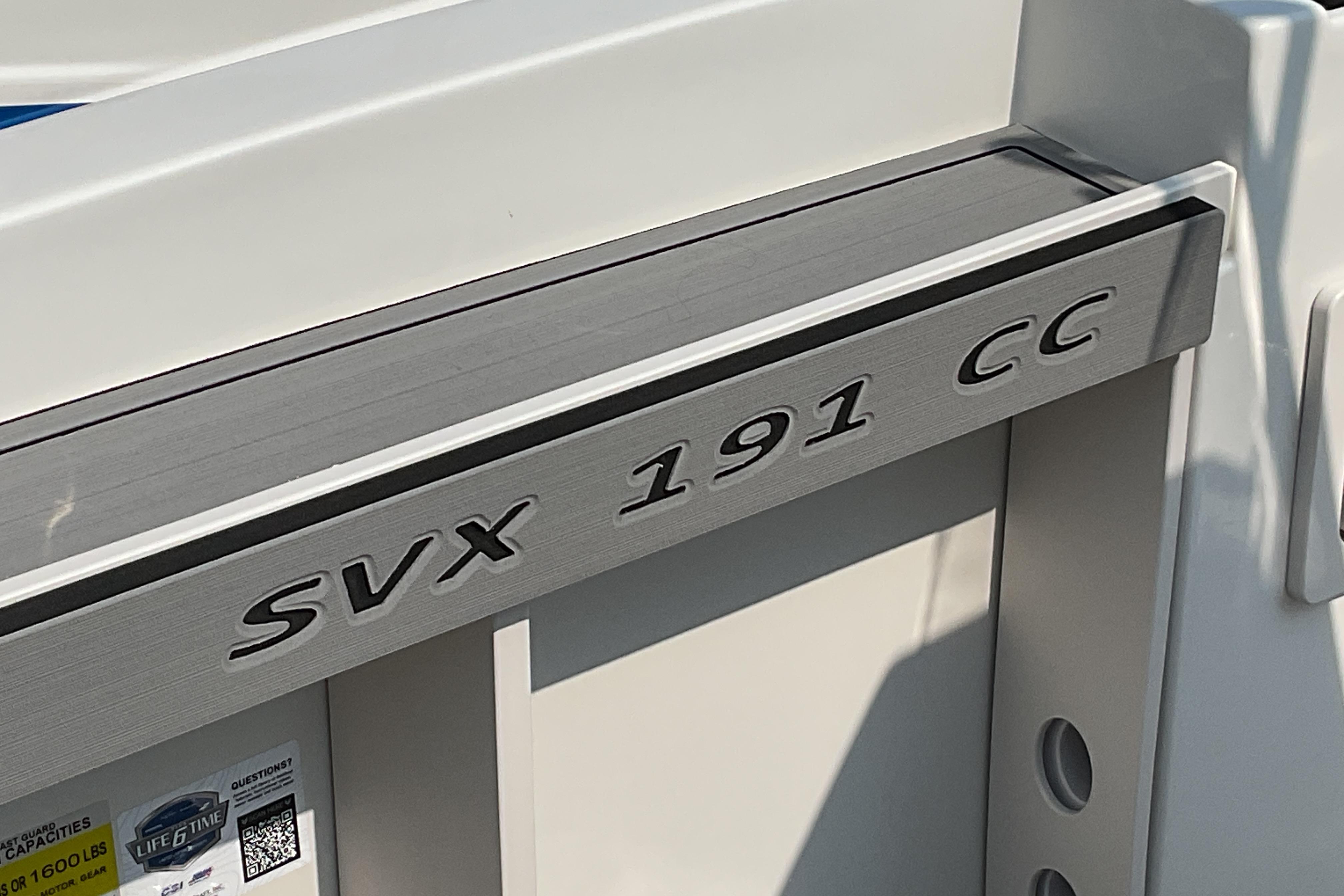 2025 Starcraft SVX 191 OB CC boat model detail with embossed lettering.