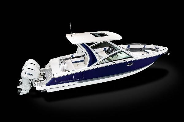 Manufacturer Provided Image: 2019 Chaparral 300 OSX boat with Yamaha outboard engines, side view.