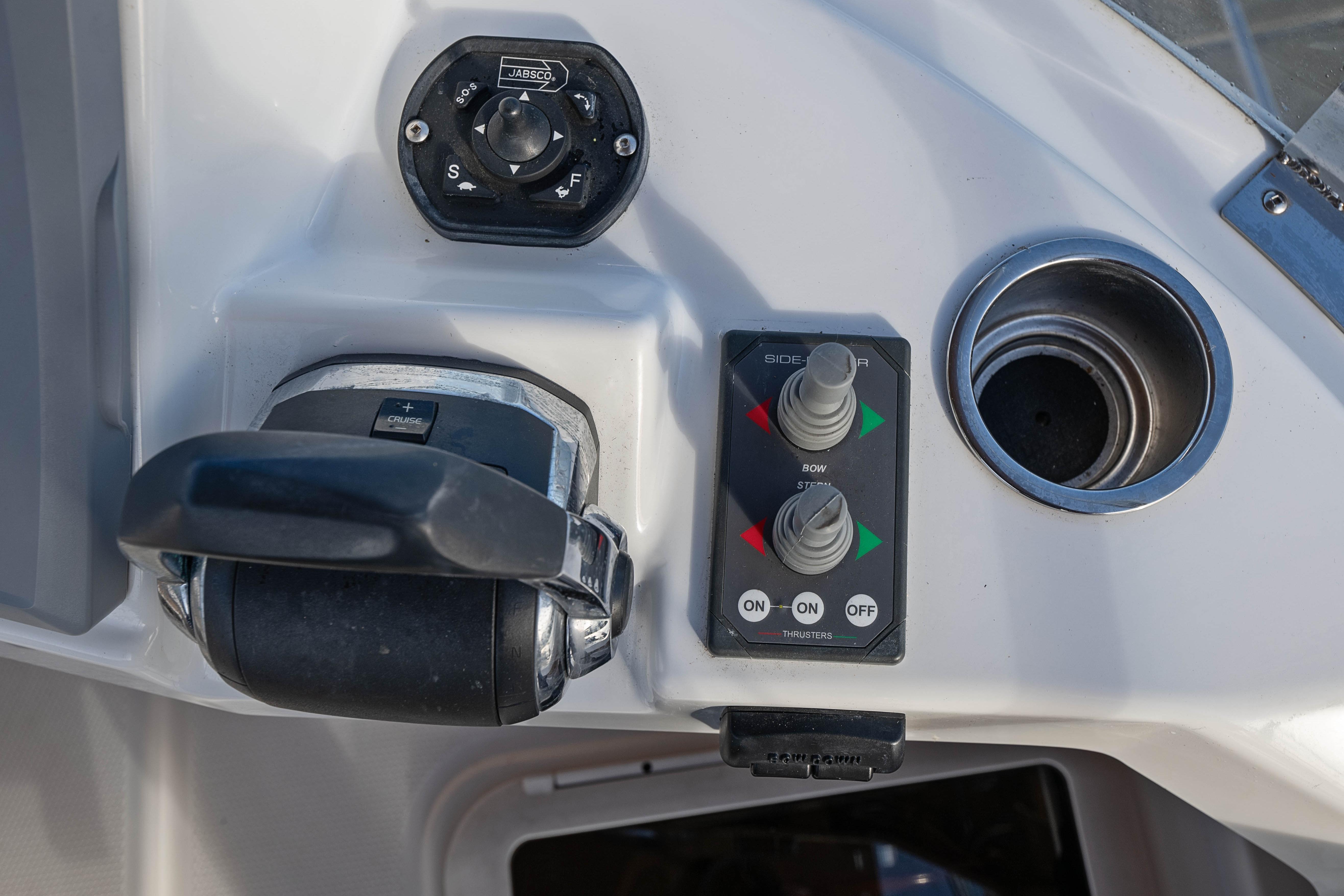 Control panel of 2014 Ranger Tug R-31 CB with throttle and joystick controls.