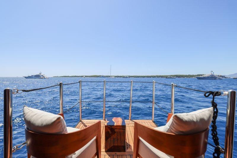 View from 1986 Elsflether Werft AG Custom yacht deck, overlooking ocean and distant boats.