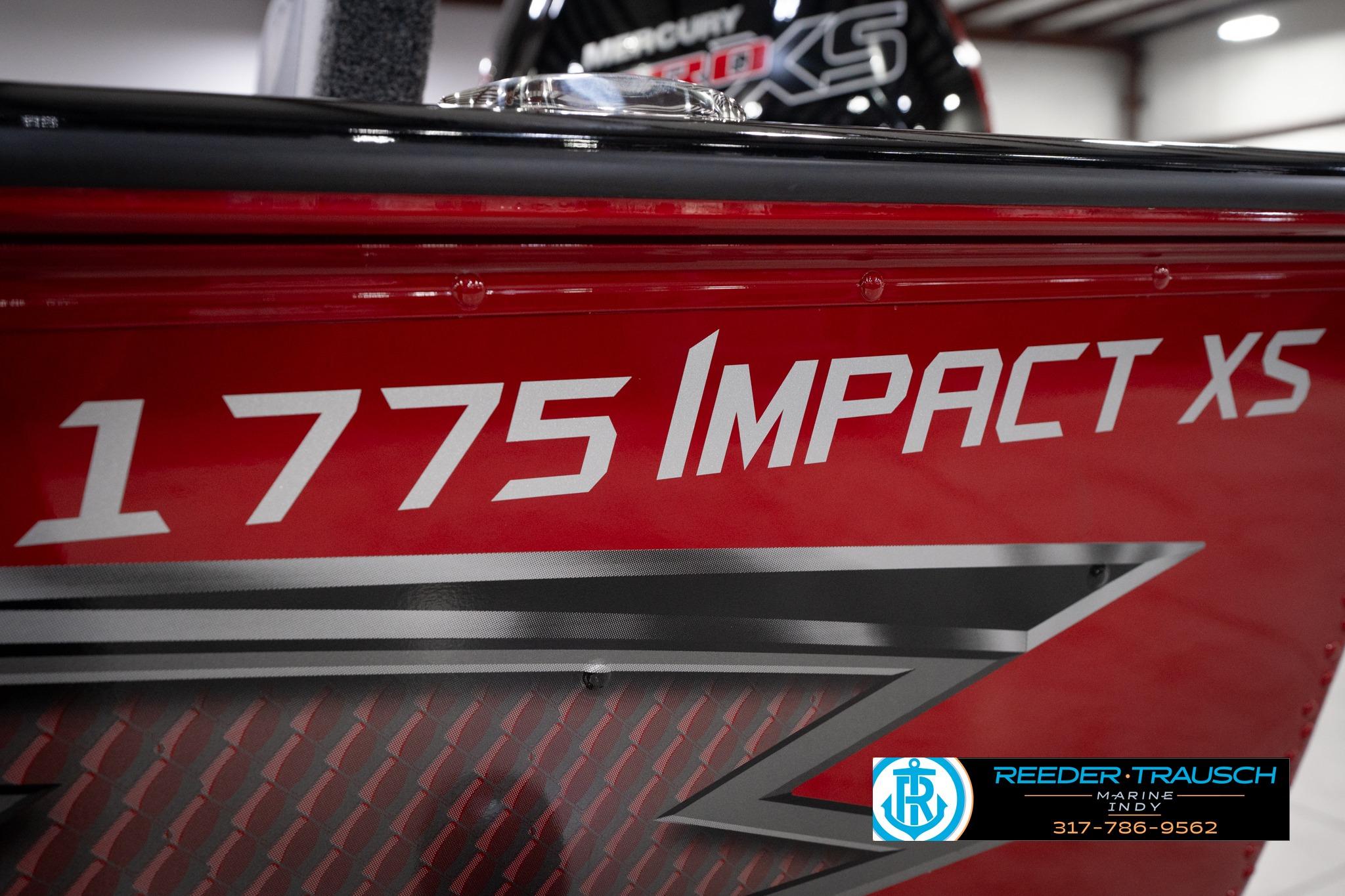 Red 2026 Lund 1775 Impact XS SS boat with bold lettering and dealership logo.