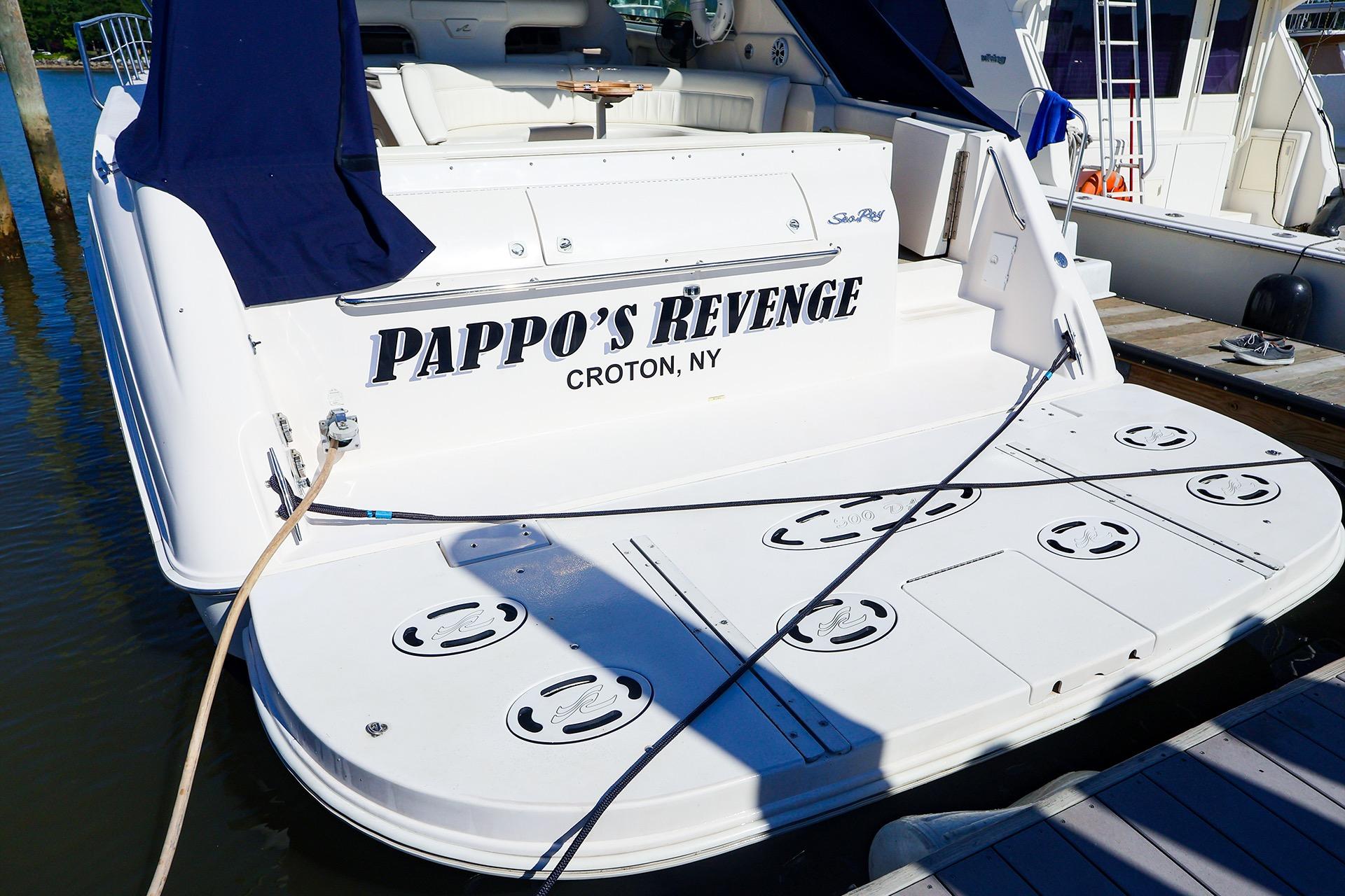 1998 Sea Ray 500 Sundancer yacht named "Pappo's Revenge" docked in Croton, NY.