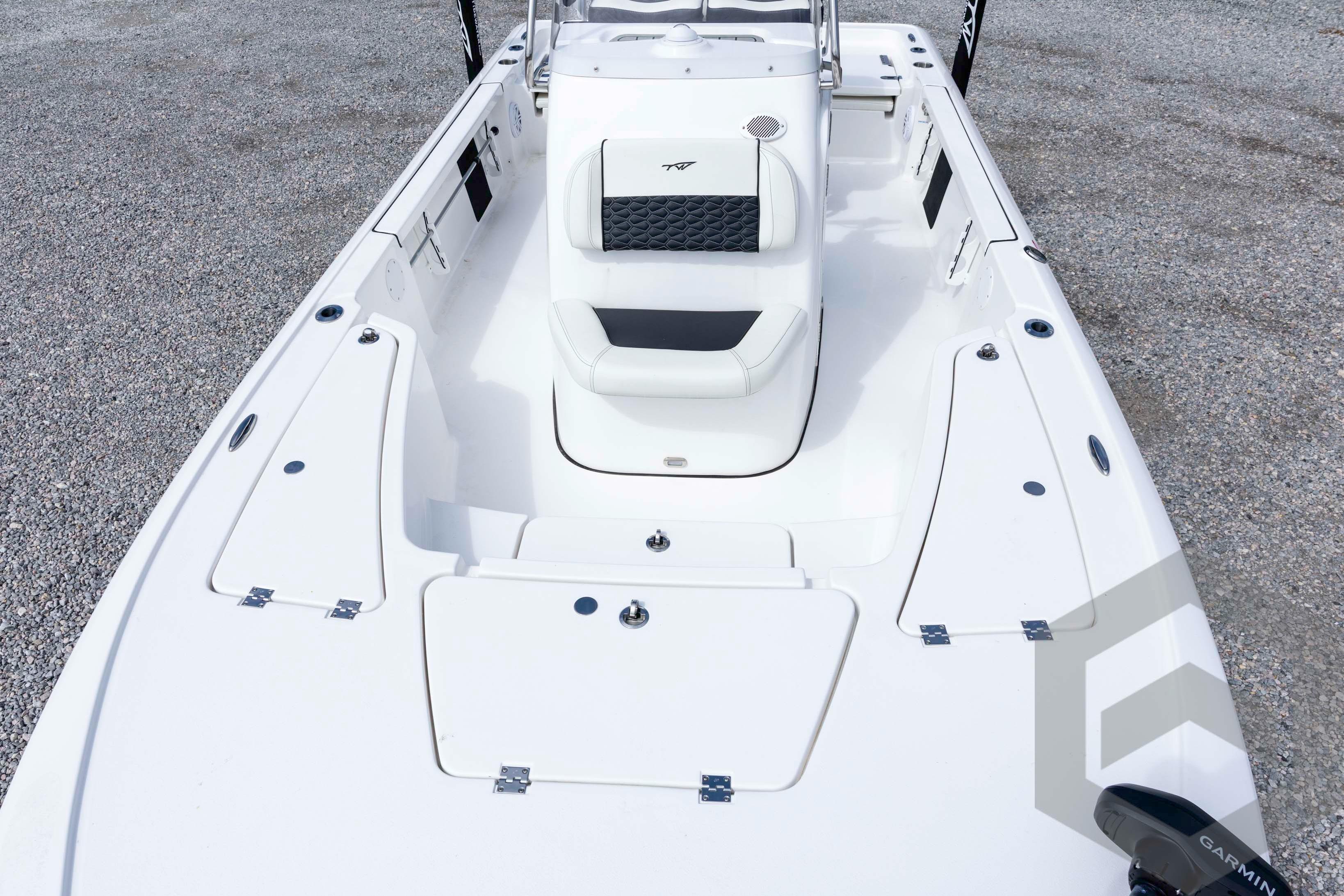 2026 Tidewater 2110 Bay Max boat with sleek white deck and seating.