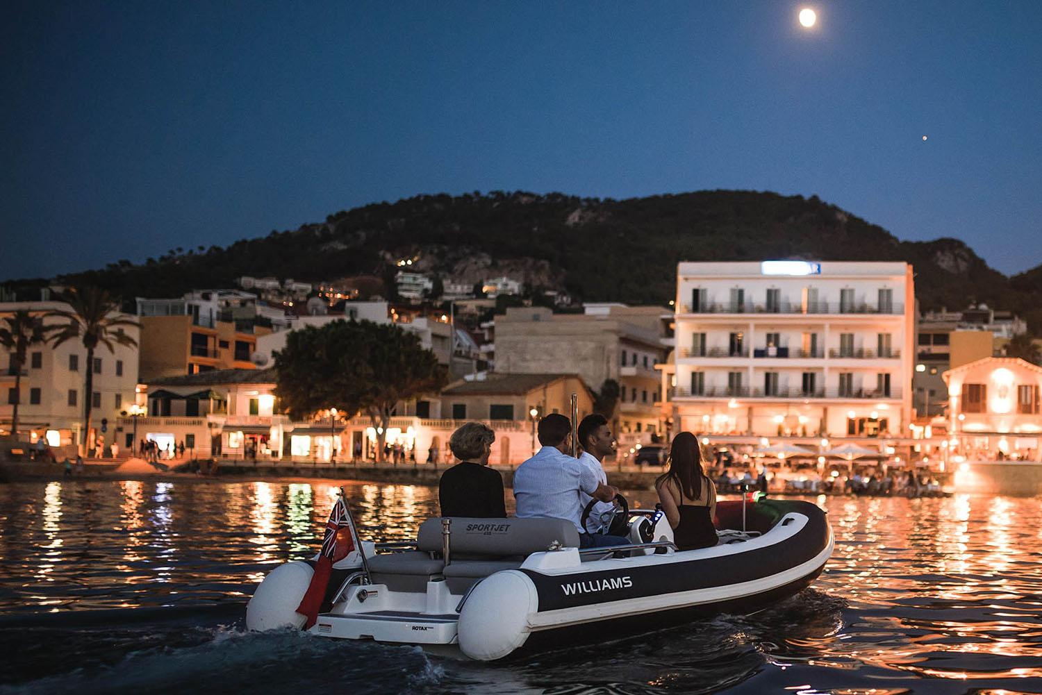 Manufacturer Provided Image: Williams Jet Tenders Sportjet 435 cruising at night in harbor, 2026 model.