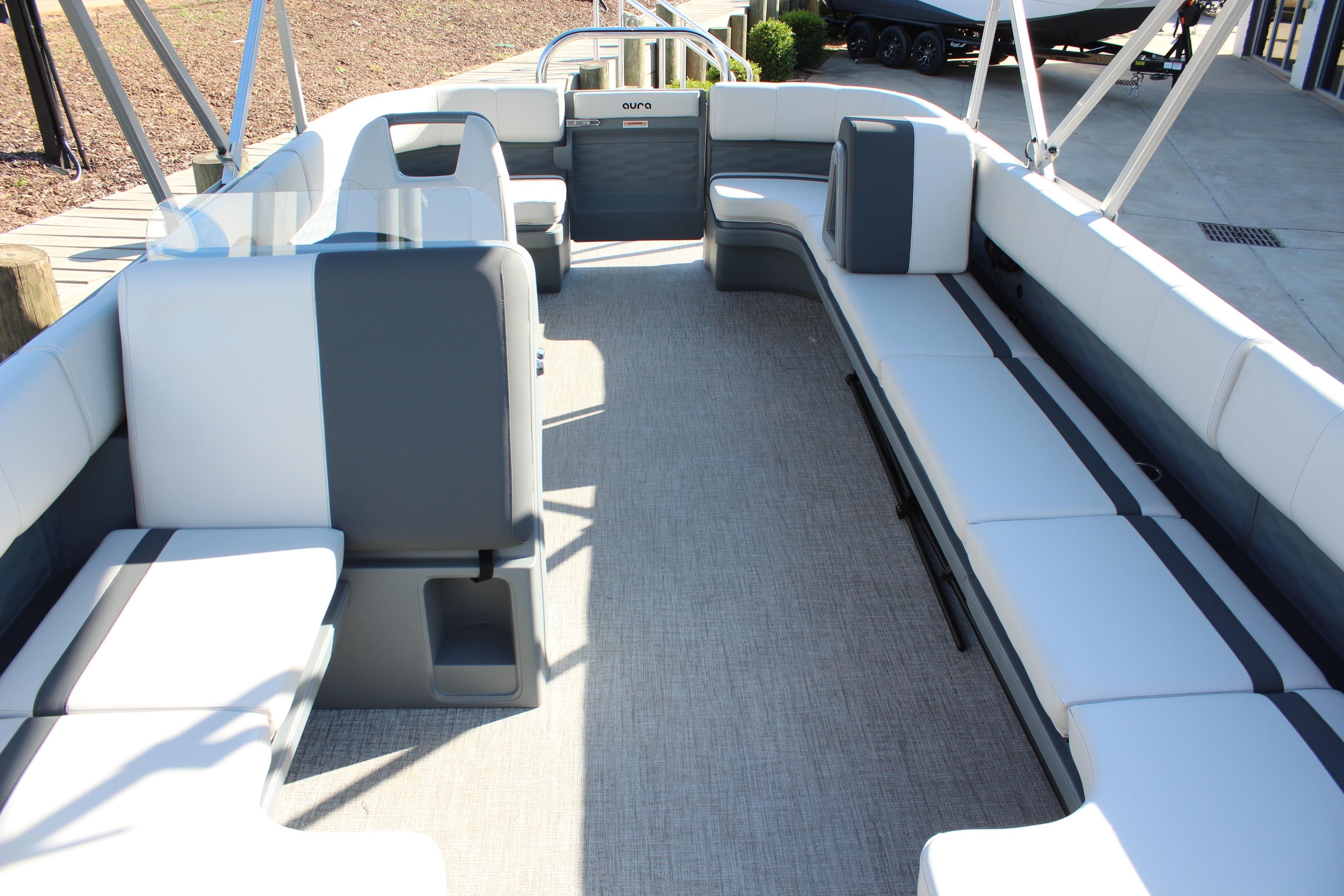 2026 Tahoe Pontoon Aura boat interior with spacious seating and modern design.