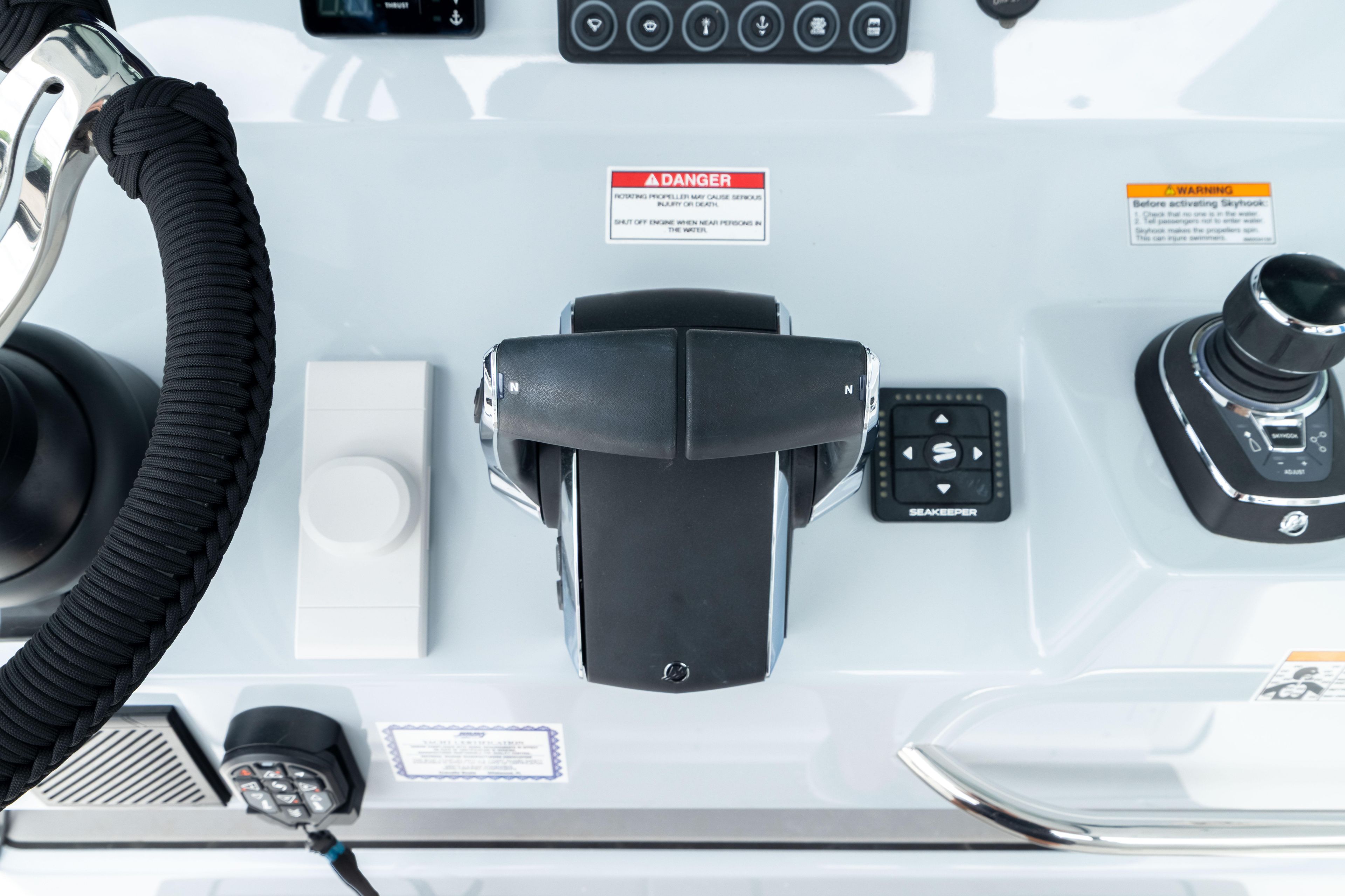 2026 Crevalle 33 CSF boat control panel with throttle and joystick.