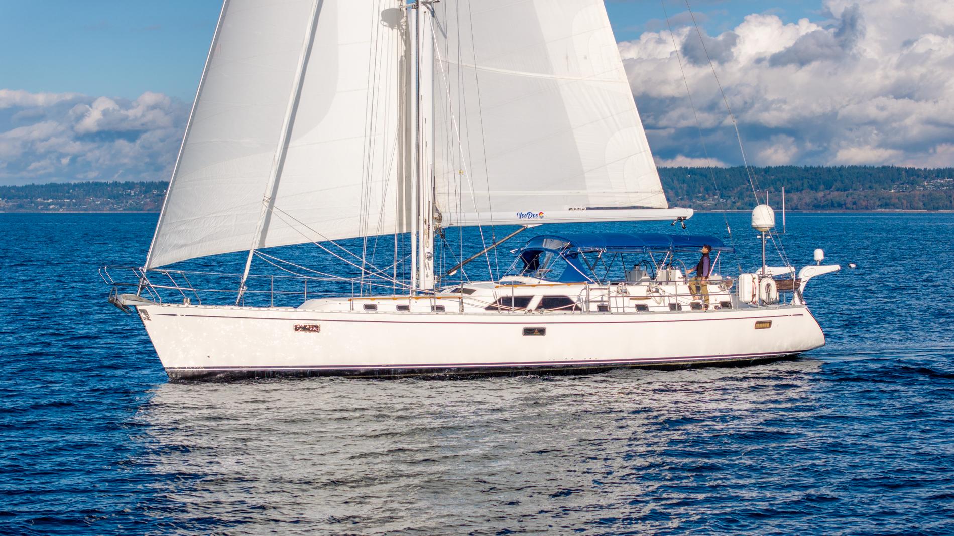 Sailing yacht Hylas 70, 2010 model, cruising on open water under clear skies.
