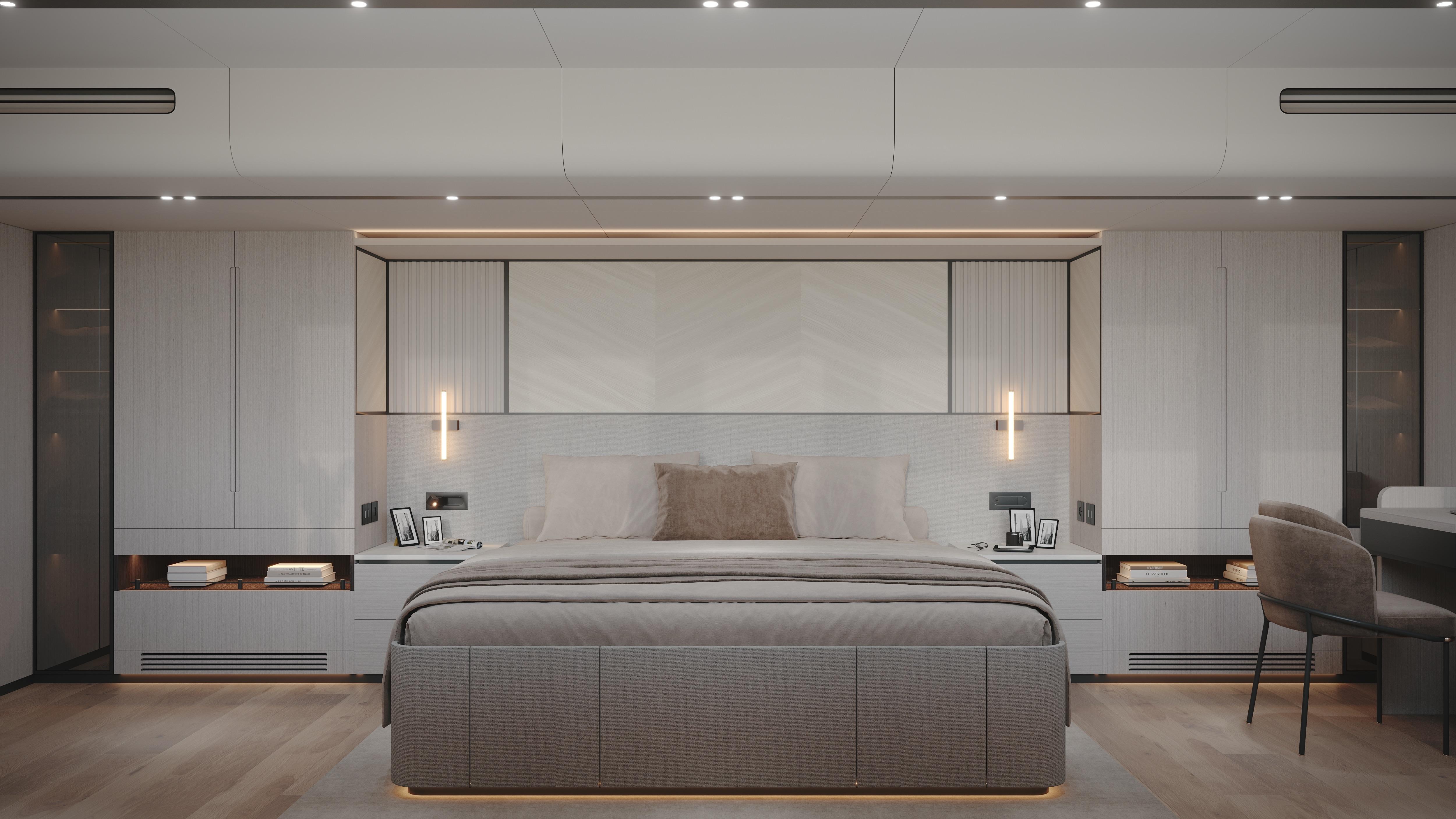 Luxurious modern bedroom interior in VisionF 101 yacht, 2025 model, featuring sleek design and ambient lighting.