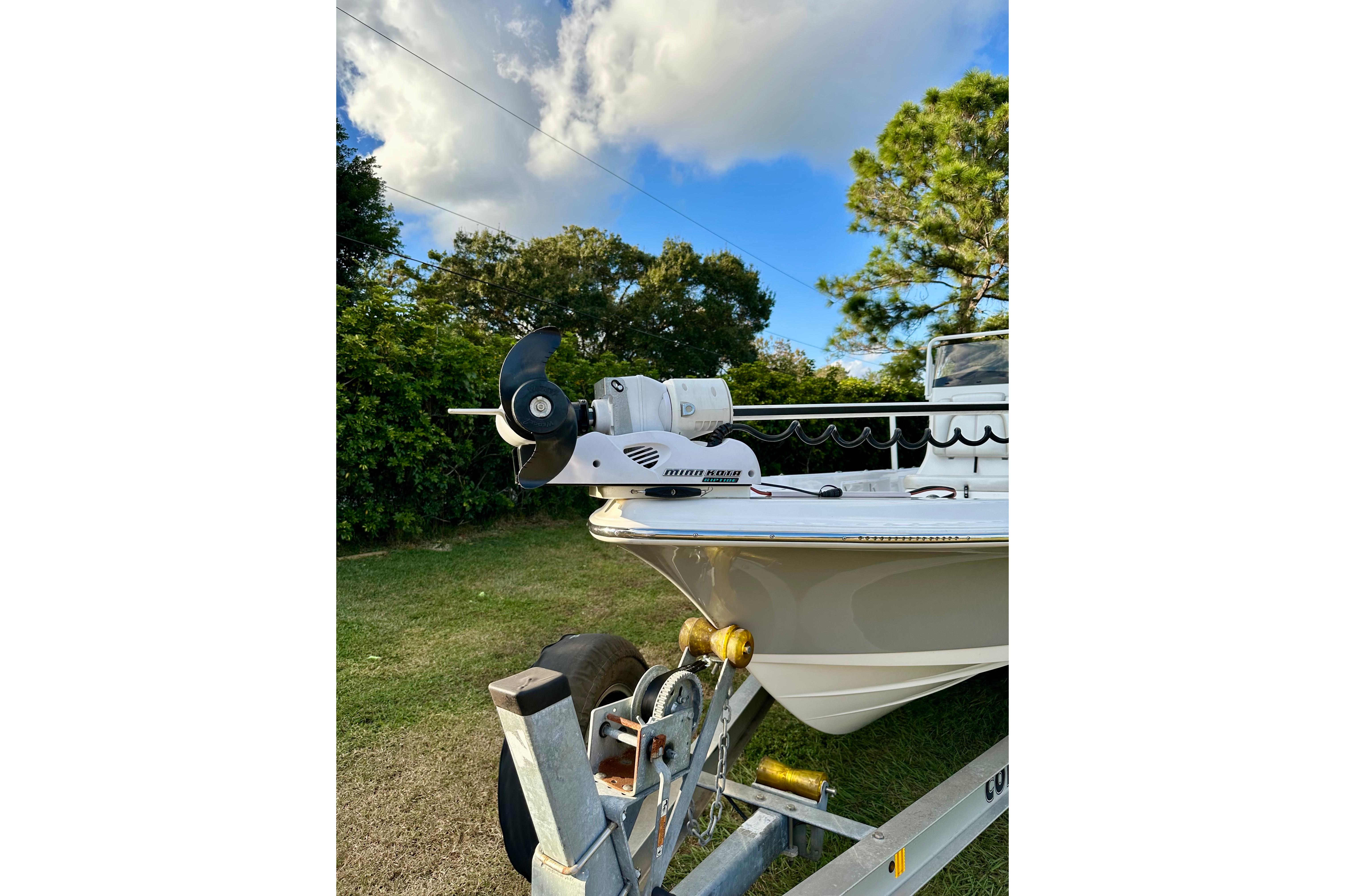 2017 Blue Wave 2400 PureBay boat on trailer, featuring a trolling motor, set against a lush background.