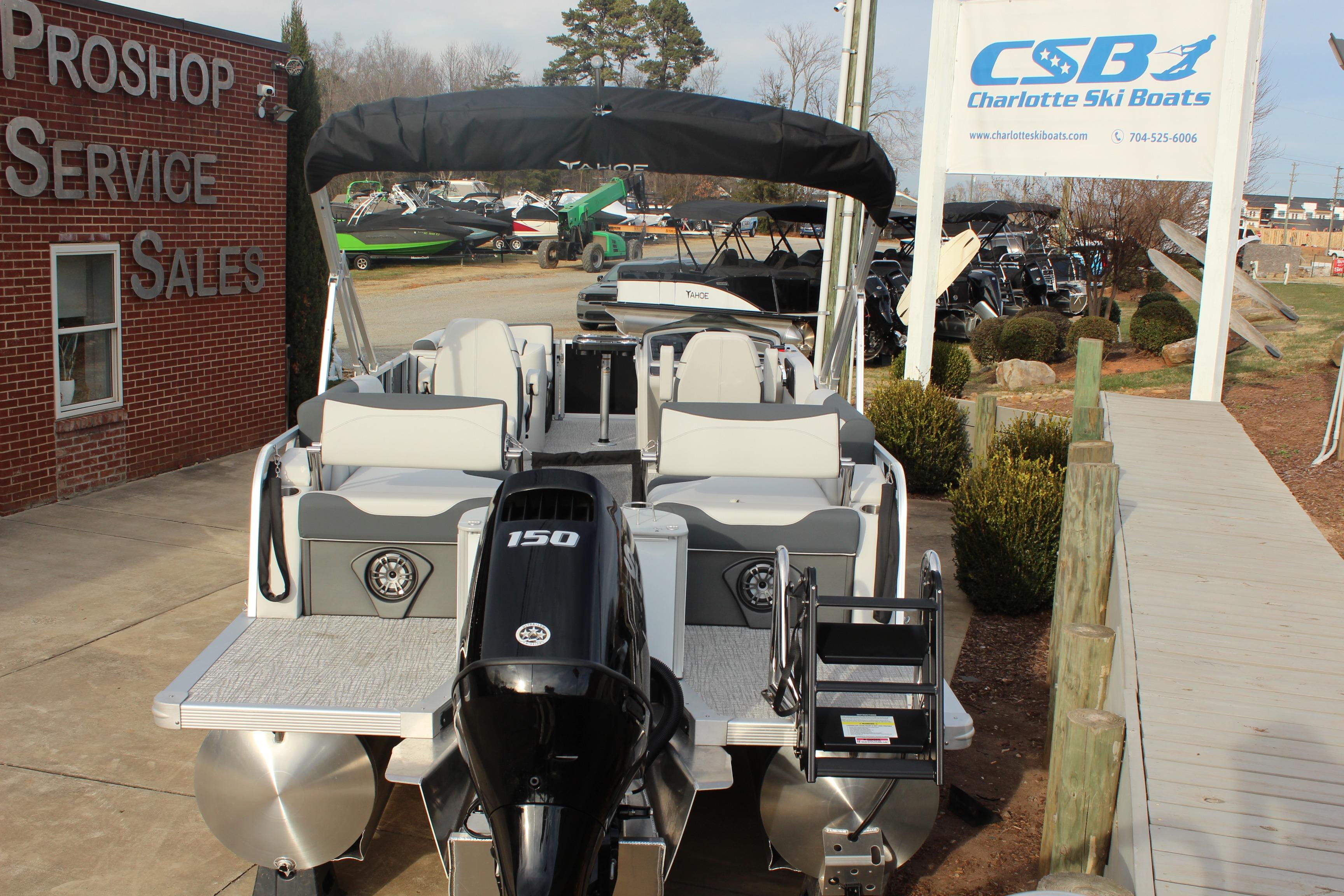 2026 Tahoe Pontoon LTZ boat displayed at Charlotte Ski Boats dealership.