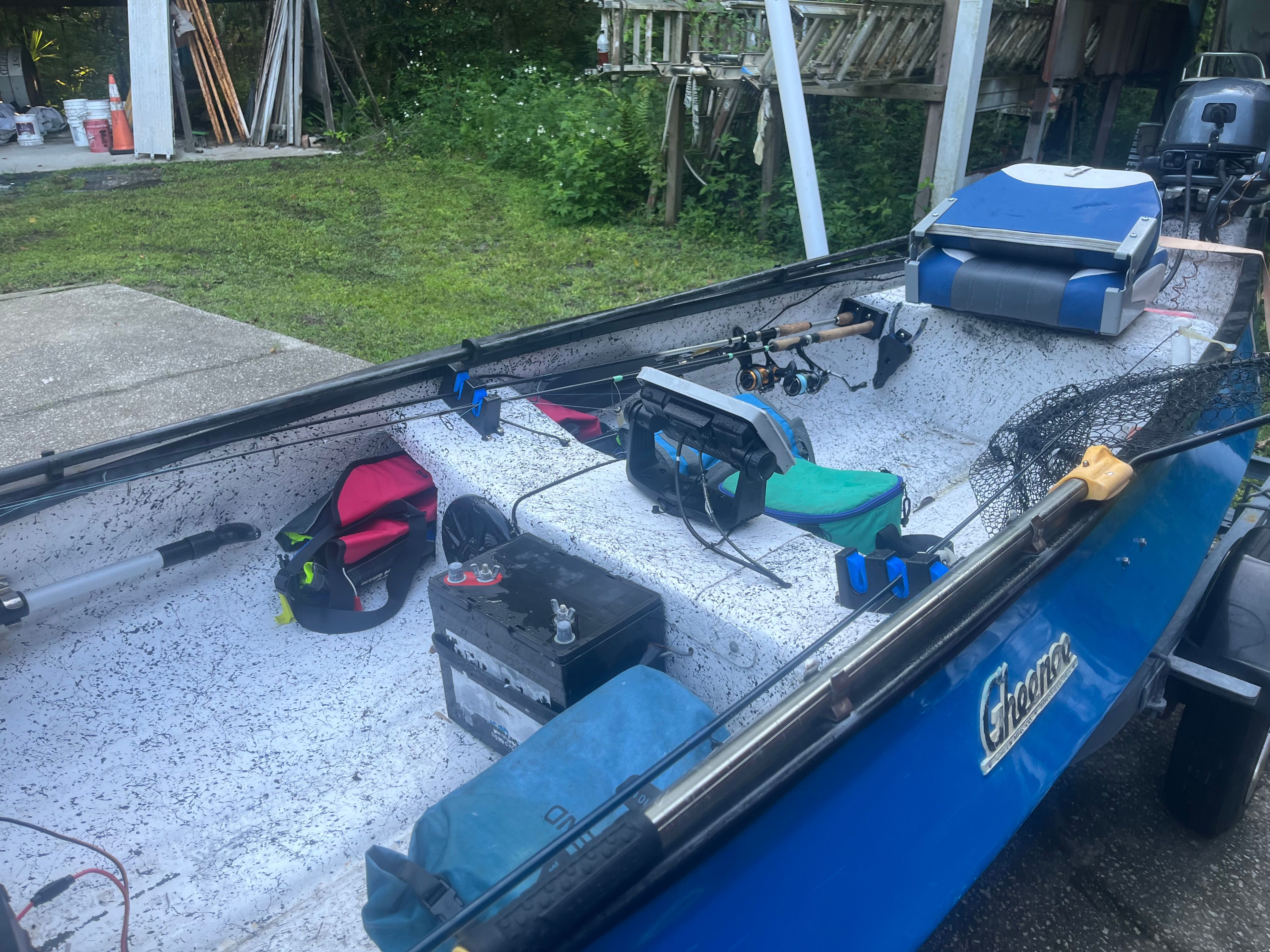 Fishing boat with gear, Custom 15-4 model, 2021, on a trailer.