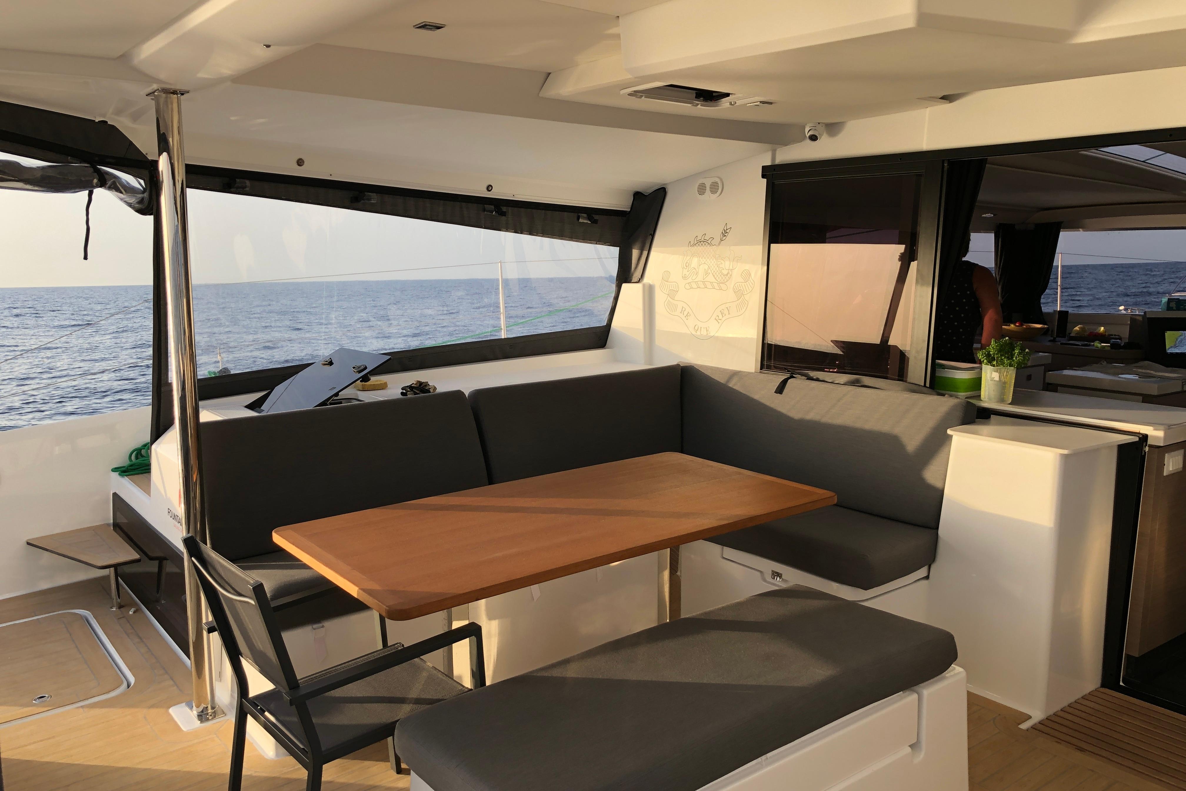Modern interior of 2020 Fountaine Pajot Saona 47 catamaran with ocean view.