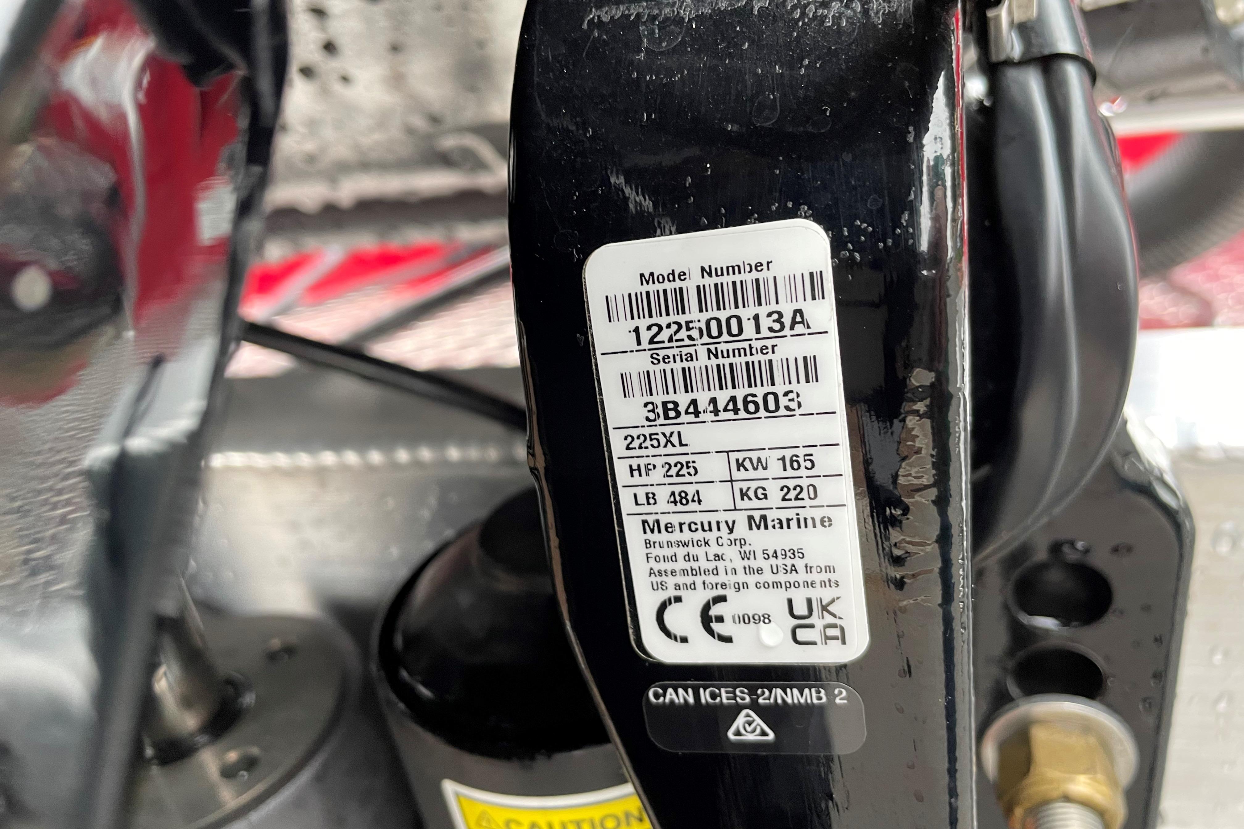 Label on Mercury Marine engine, model 225XL, with specifications and serial number.